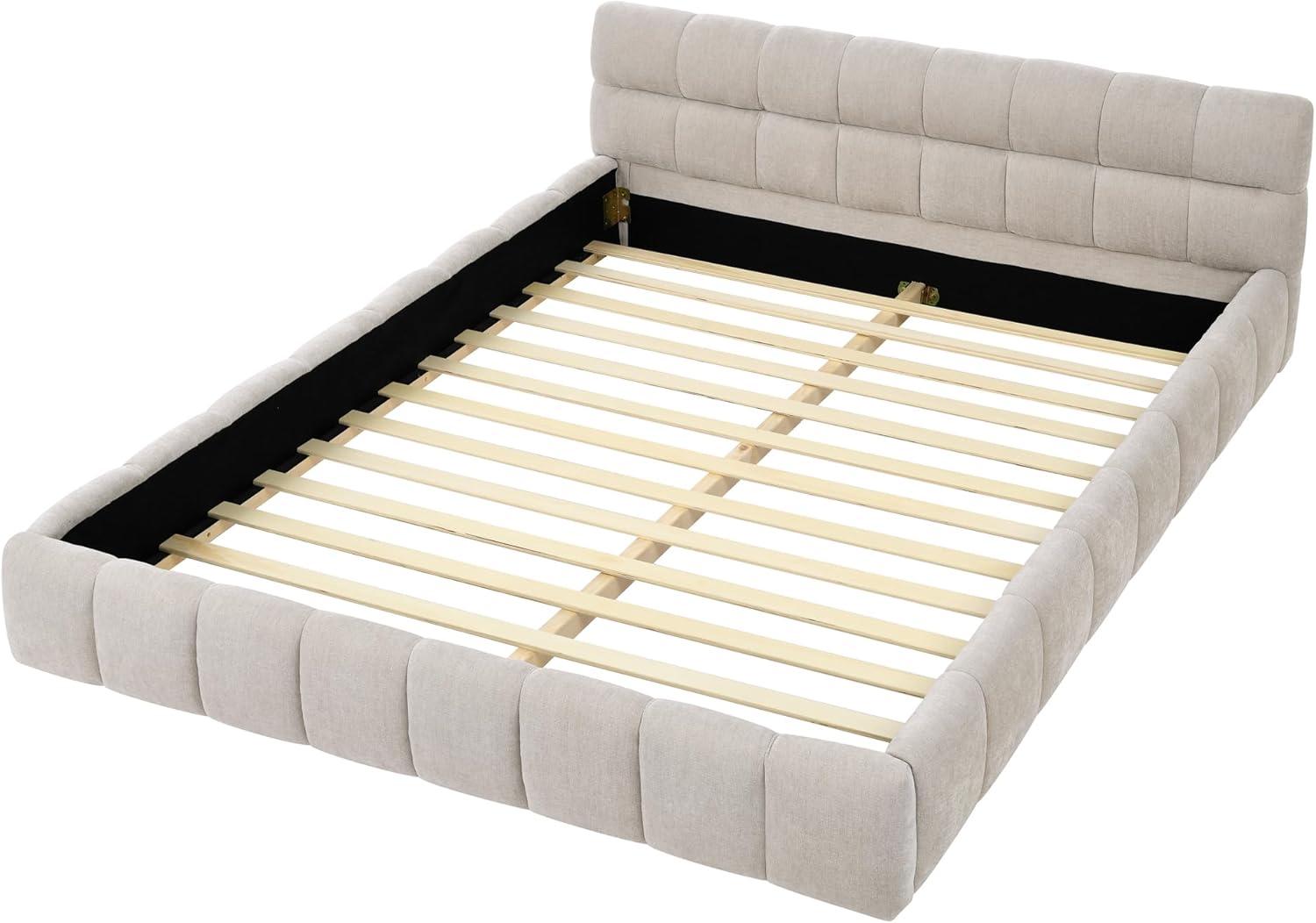 Kumix Queen Size Platform Bed, Upholstered Platform Bed with Thick Fabric, Chenille Fabric Grounded for Kids Teens Adults, Queen Platform Bed Frame with Headboard and Solid Frame, Beige