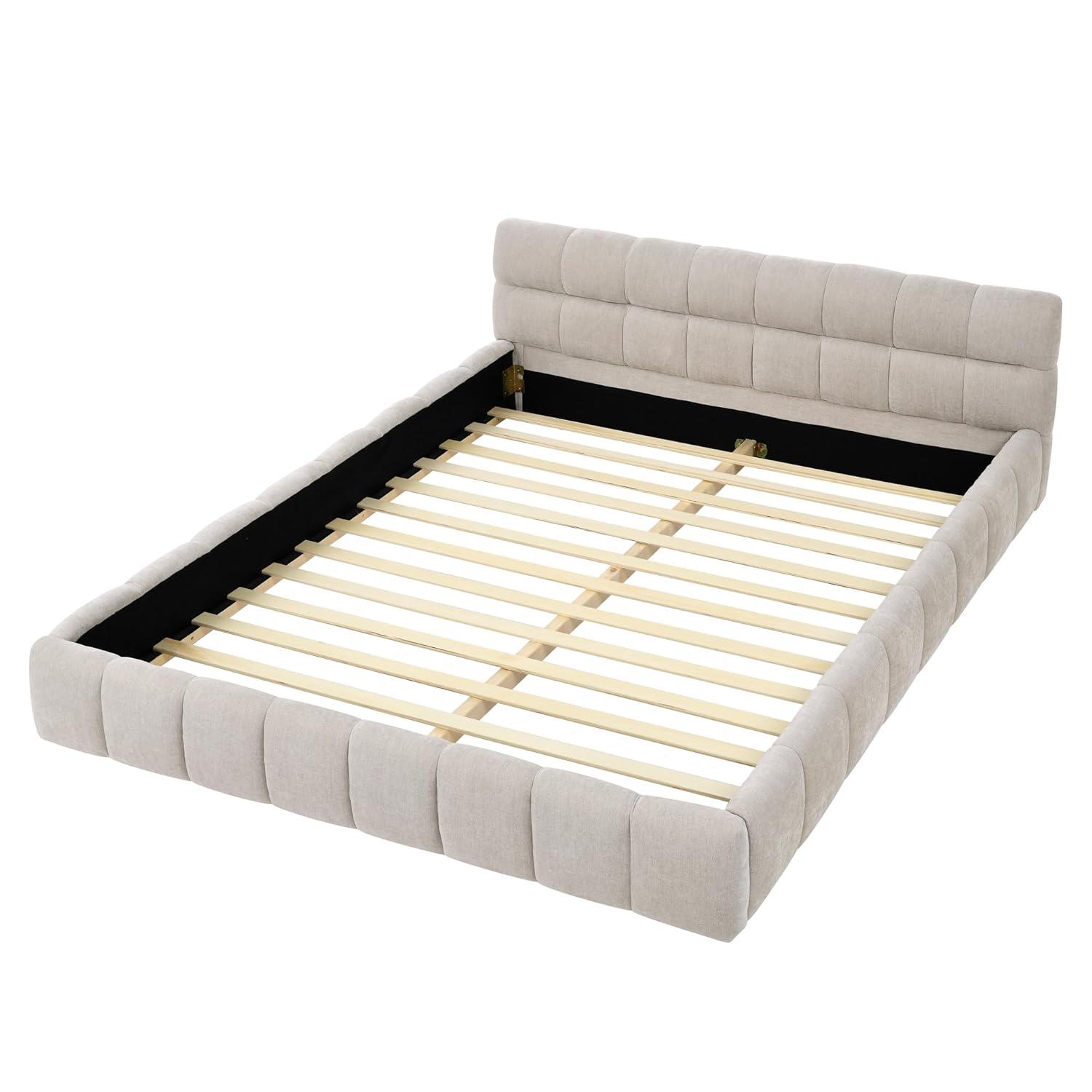Kumix Queen Size Platform Bed, Upholstered Platform Bed with Thick Fabric, Chenille Fabric Grounded for Kids Teens Adults, Queen Platform Bed Frame with Headboard and Solid Frame, Beige
