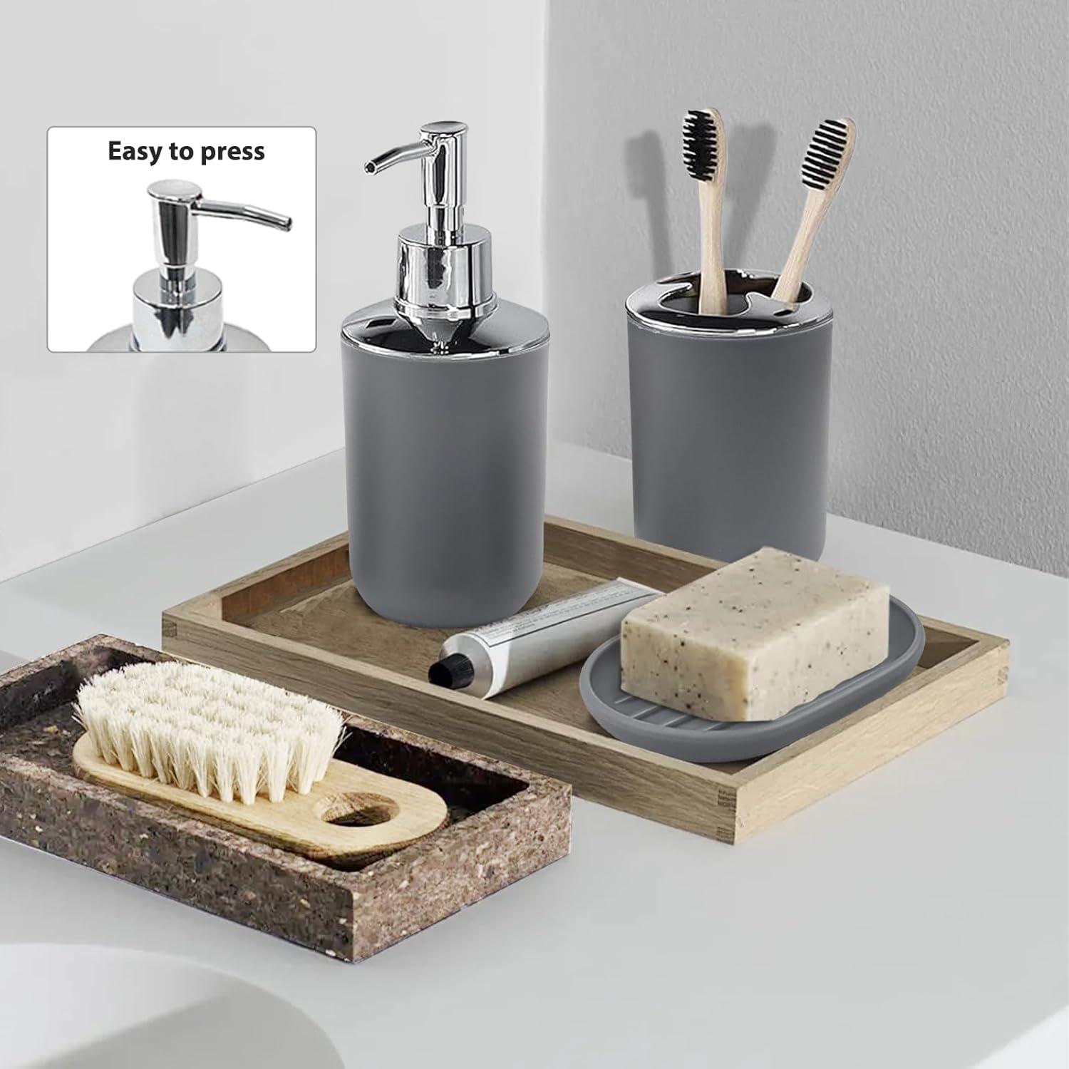 CERBIOR Bathroom Accessories Set Bath Ensemble Includes Soap Dispenser, Toothbrush Holder, Tumbler, Soap Dish for Decorative Countertop and Housewarming Gift (Grey)