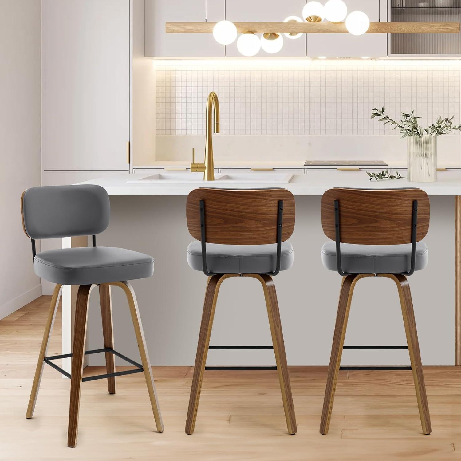 Grey Faux Leather Swivel Bar Stools with Wood Back