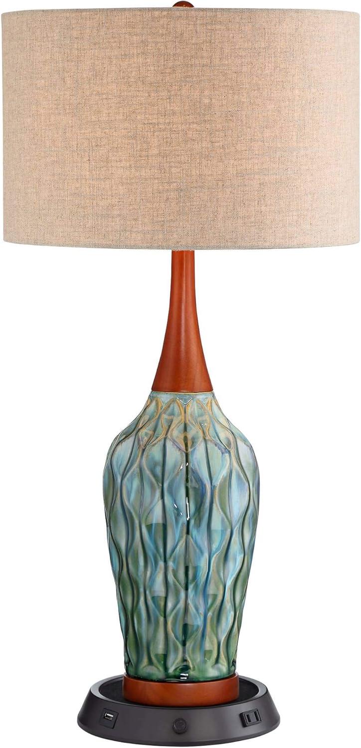 360 Lighting Rocco Modern Mid Century Table Lamp 30" Tall Blue Teal Ceramic with Dimmable USB Workstation Base Linen Drum Shade for Living Room Home