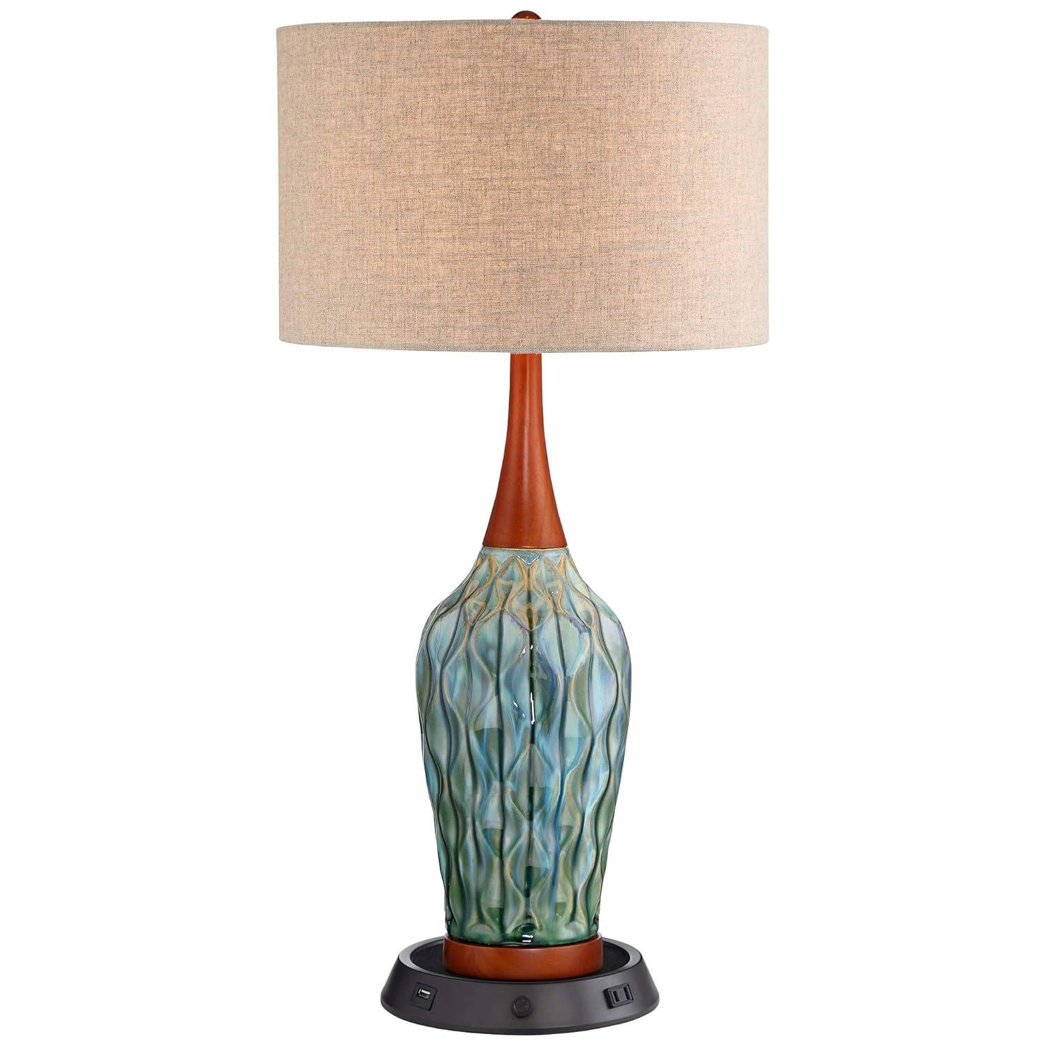 360 Lighting Rocco Modern Mid Century Table Lamp 30" Tall Blue Teal Ceramic with Dimmable USB Workstation Base Linen Drum Shade for Living Room Home