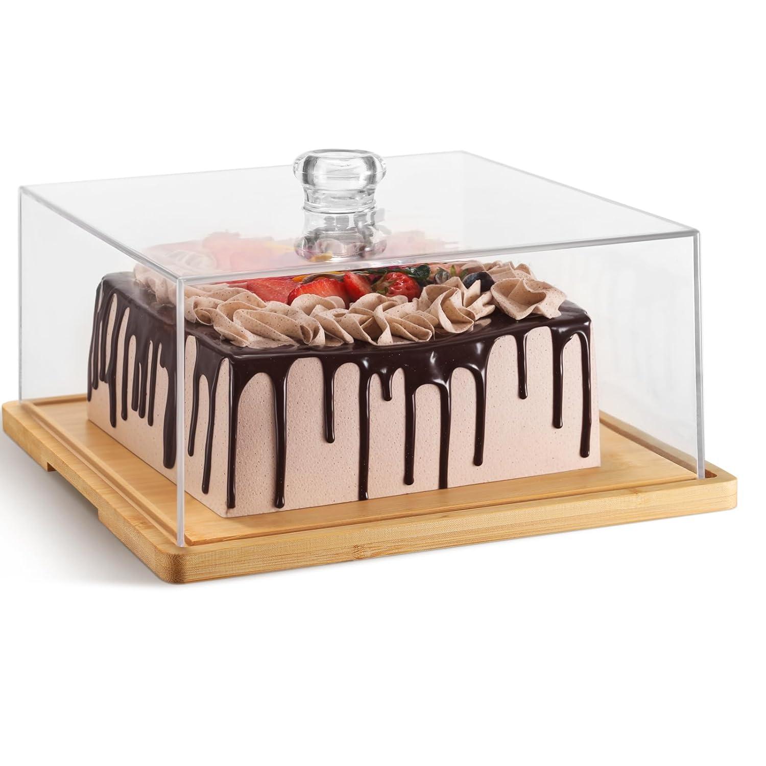 Square Cake Stand with Lid，11in Bamboo Cake Stand with Dome，Dessert Display Stand with Acrylic Cover for Cheese，Pie，Chips & Dips，Serving Platter with Cover for Kitchen/Party/Wedding/Birthday