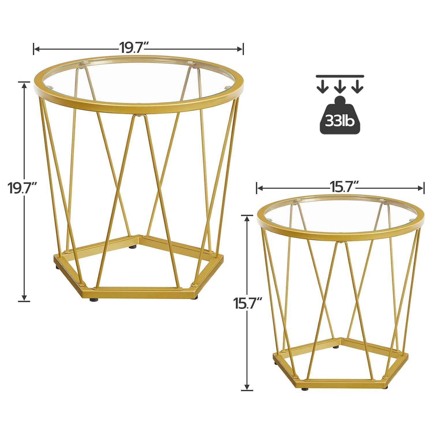 Small Coffee Table Set of 2, Round Coffee End Table with Metal Frame, Glass Top, Gold Side Table for Living Room, Bedroom and Balcony, Modern Style, Gold GD79BZ01