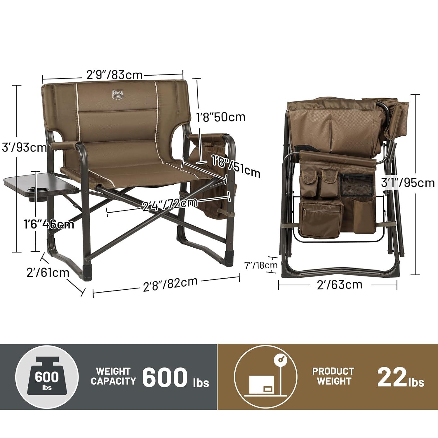 Timber Ridge XXL Upgraded Oversized Directors Chairs with Foldable Side Table, Detachable Side Pocket, Heavy Duty Folding Camping Chair up to 600 Lbs Weight Capacity (Brown) Ideal Gift