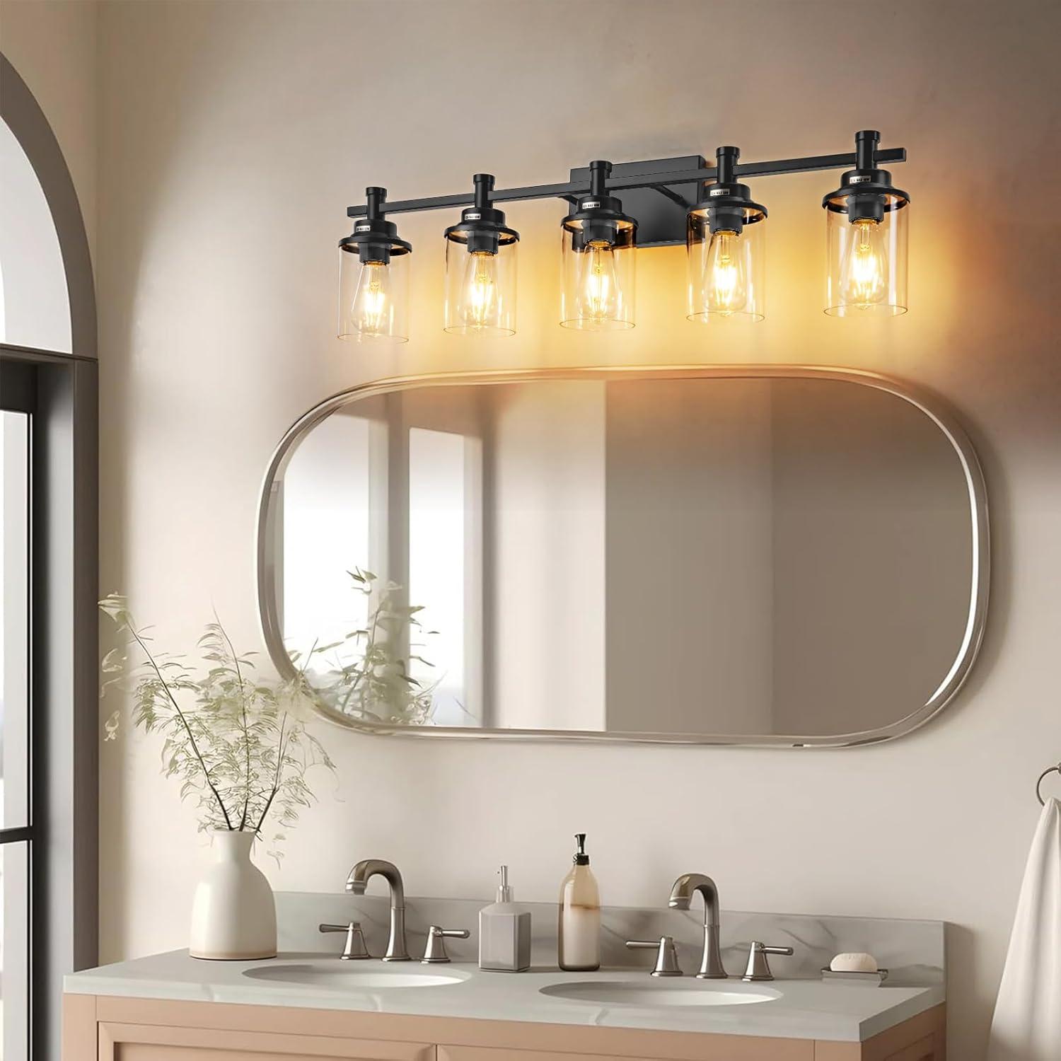 Matte Black 5-Light Bathroom Vanity Fixture with Glass Shades