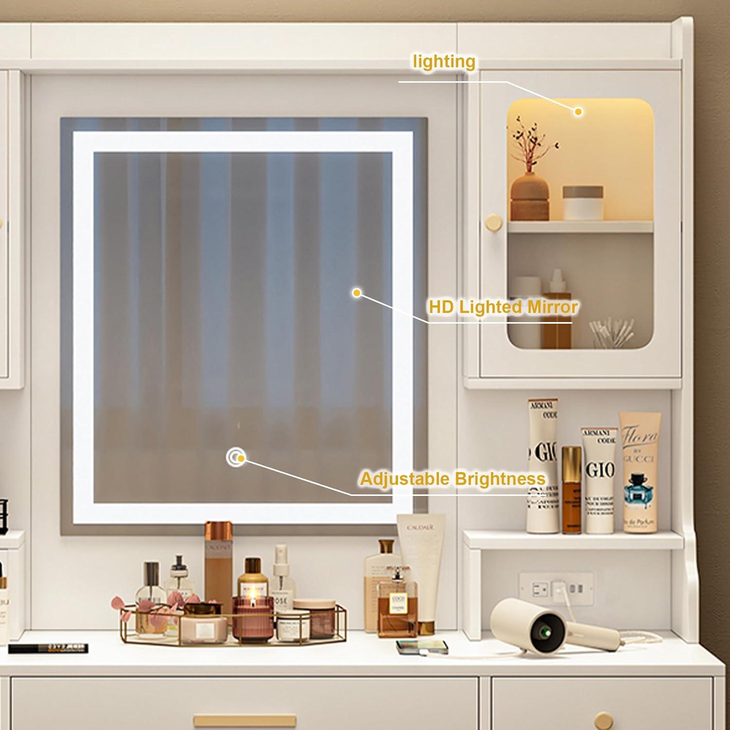 MONTARY Makeup Vanity Desk with Mirror and Lights, Dressing Table , White Vanity Table Set with 6 Drawers & Shelves & 4 Cabinets, 3 LED Lighting Modes Brightness Adjustable