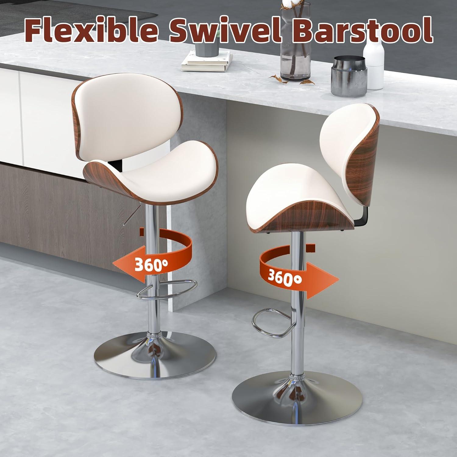 civama Bar Stools Set of 2 for Kitchen Counter, Adjustable Bar Height Chairs, Modern Swivel Barstools with Bentwood Seat and Back with Footrest, for Kitchen Island, Dining Room, White PU Leather
