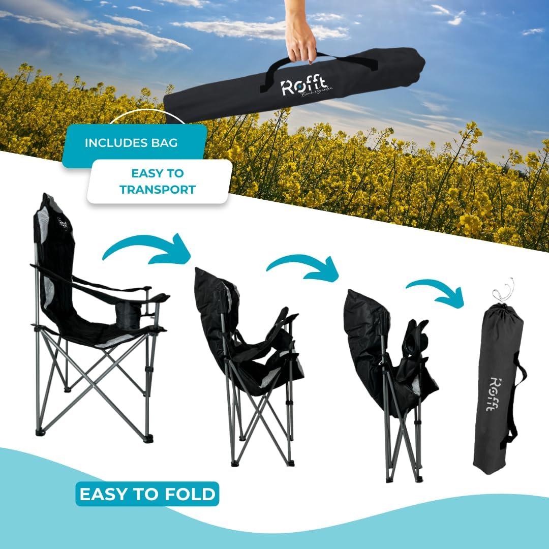ROFFT Camping Chair, Folding, Heavy Duty, Portable, 250 lb Capacity, High Back, with Cup Holder, Black