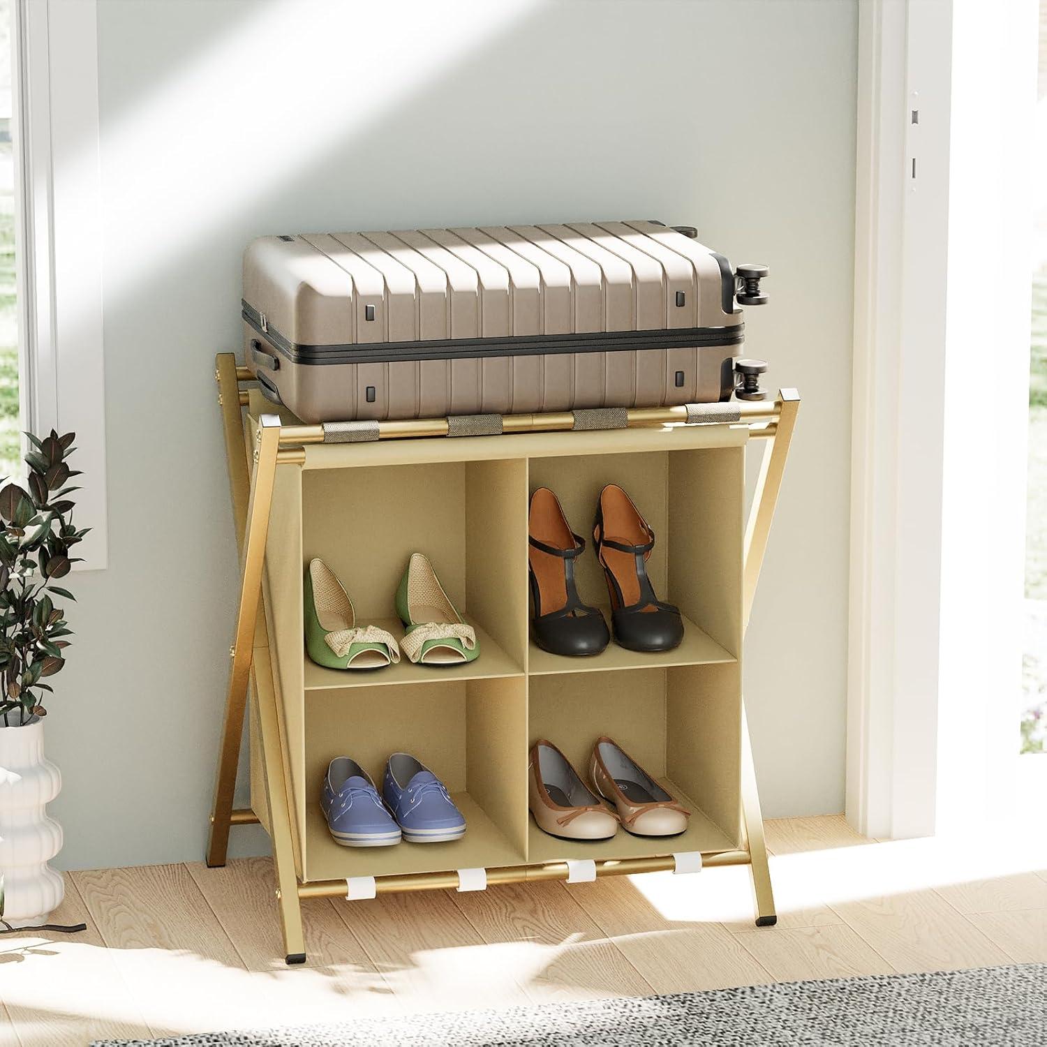 aboxoo Luggage Rack with storage, Guest Room Folding Suitcase Stands, Holds up to 120 lb, Space Saving Suitcase Holders for guest room, Bedroom Hotel, Gold