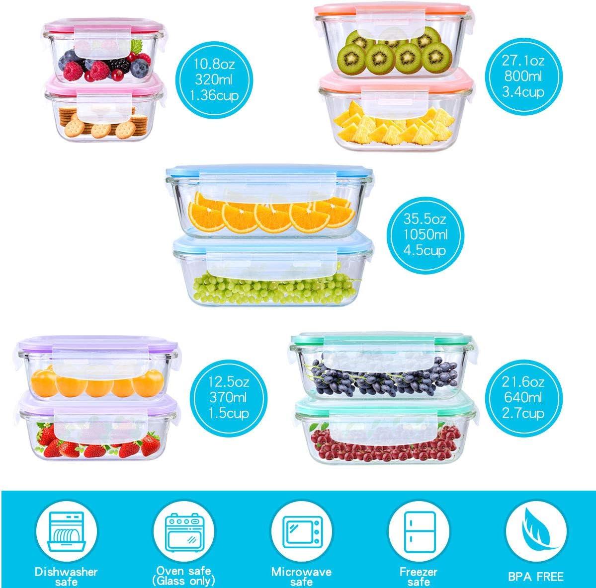 22-Piece Clear Borosilicate Glass Food Storage Set with Colorful Lids