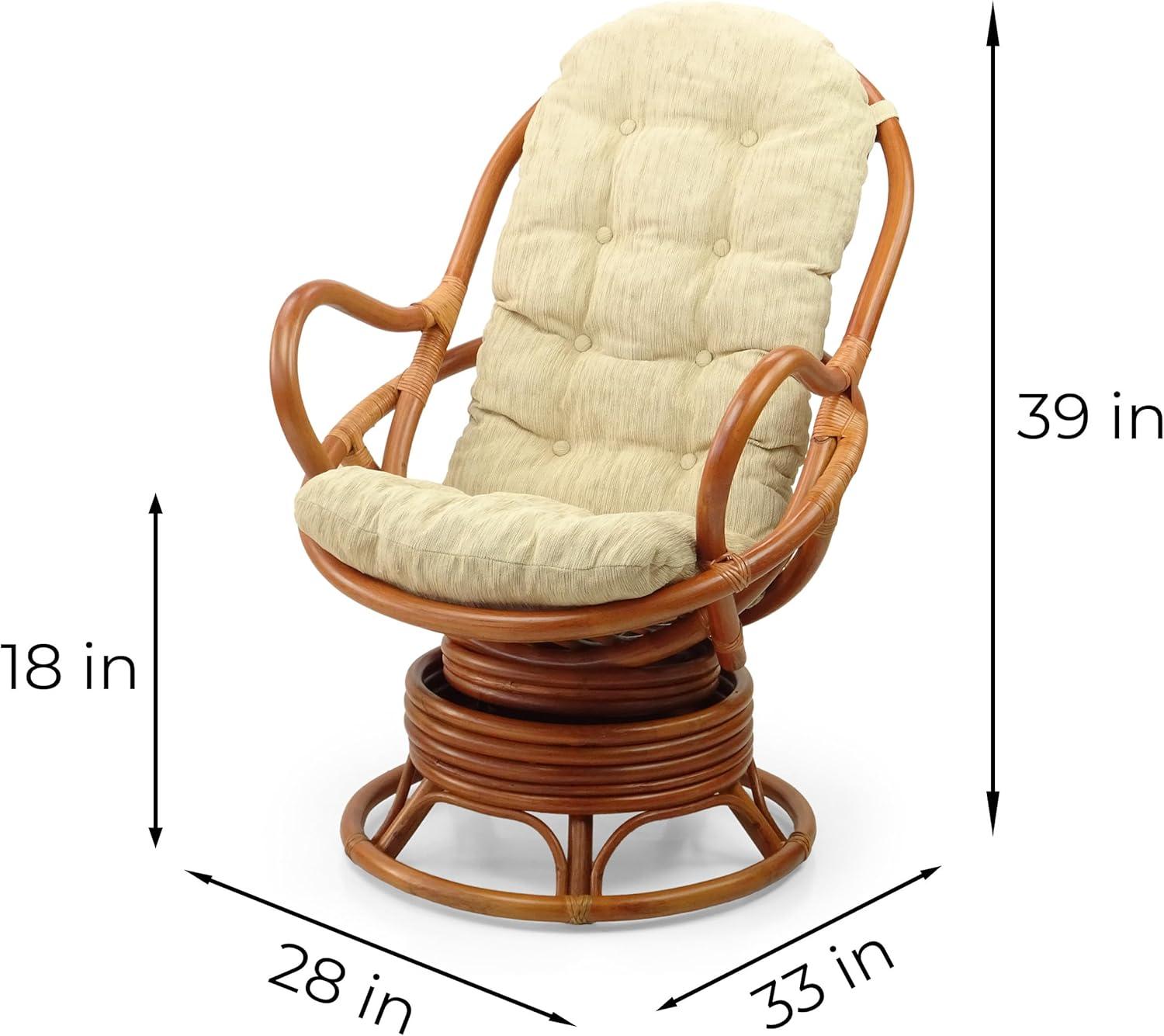 Java Lounge Swivel Rocking Chair with Cream Cushion Natural Rattan Wicker Handmade, Colonial