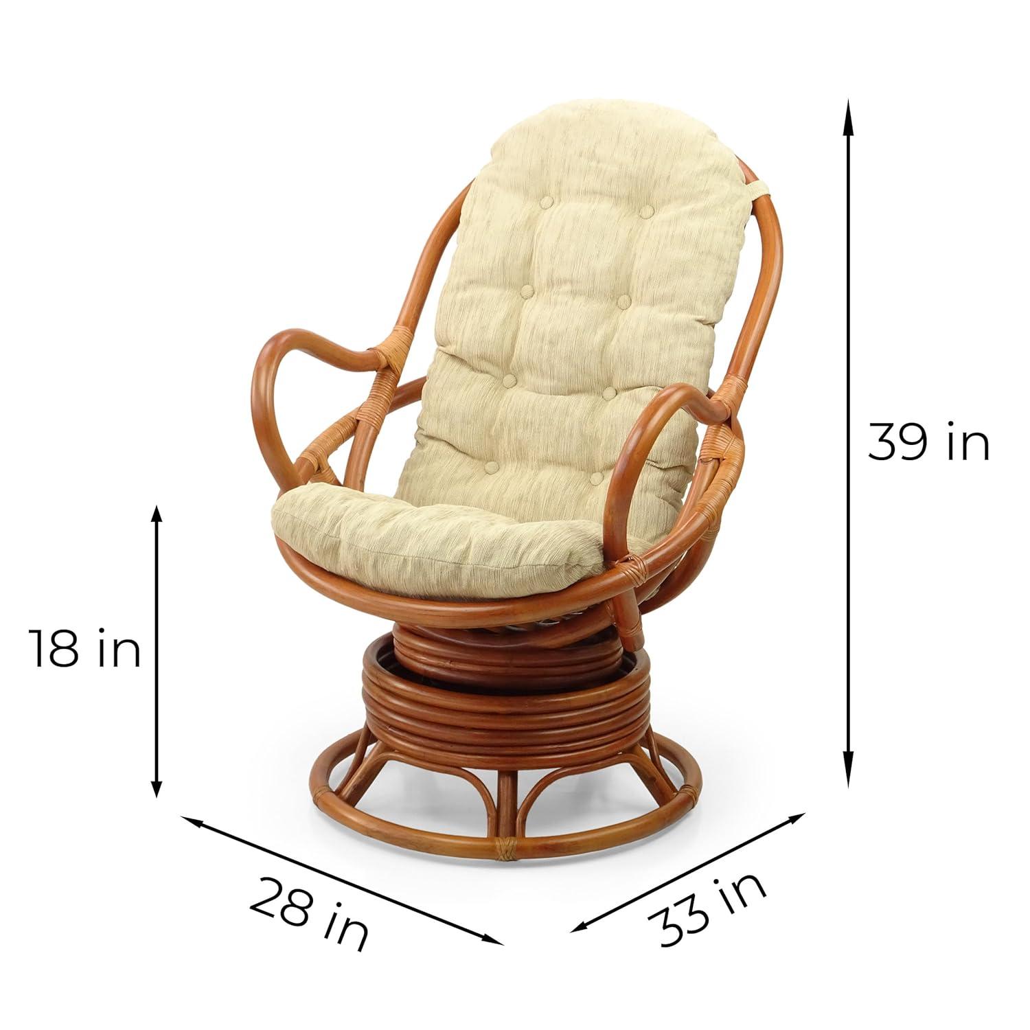 Java Lounge Swivel Rocking Chair with Cream Cushion Natural Rattan Wicker Handmade, Colonial