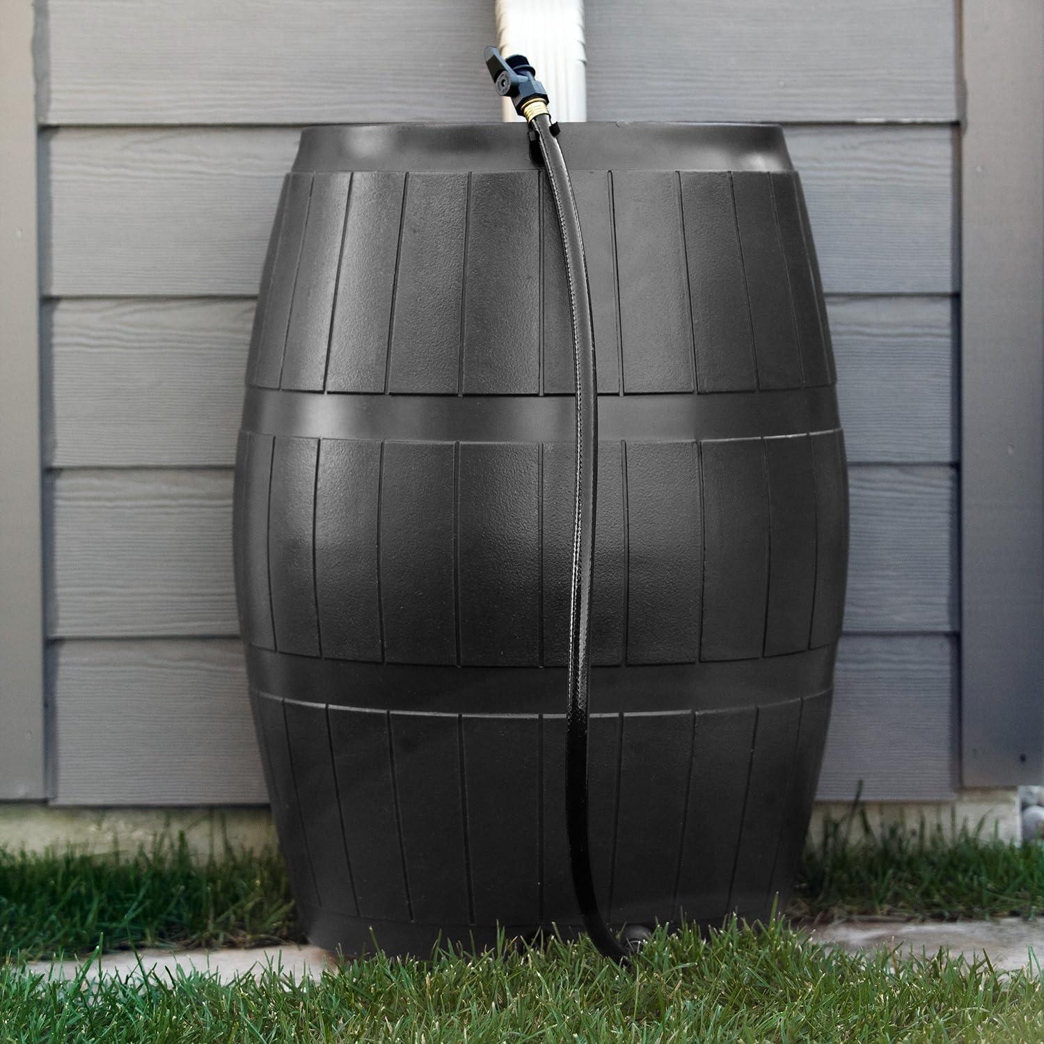 FCMP Outdoor RC4000-BLK 50 Gallon Flat Back Outdoor Home Rain Catcher Water Storage Collection Barrel for Watering Outdoor Plants and Gardens, Black