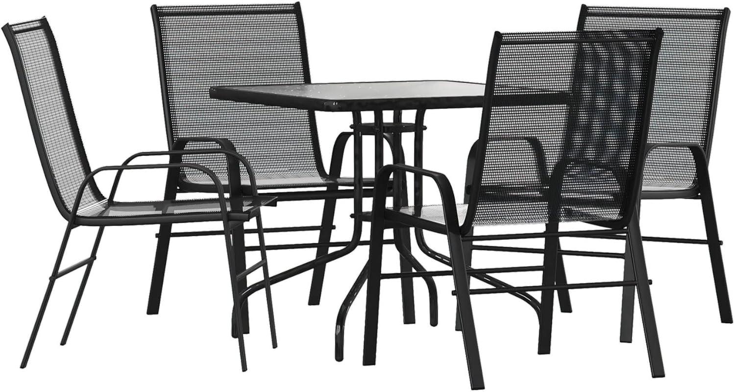 Flash Furniture 5 Piece Outdoor Patio Dining Set - Tempered Glass Patio Table, 4 Flex Comfort Stack Chairs