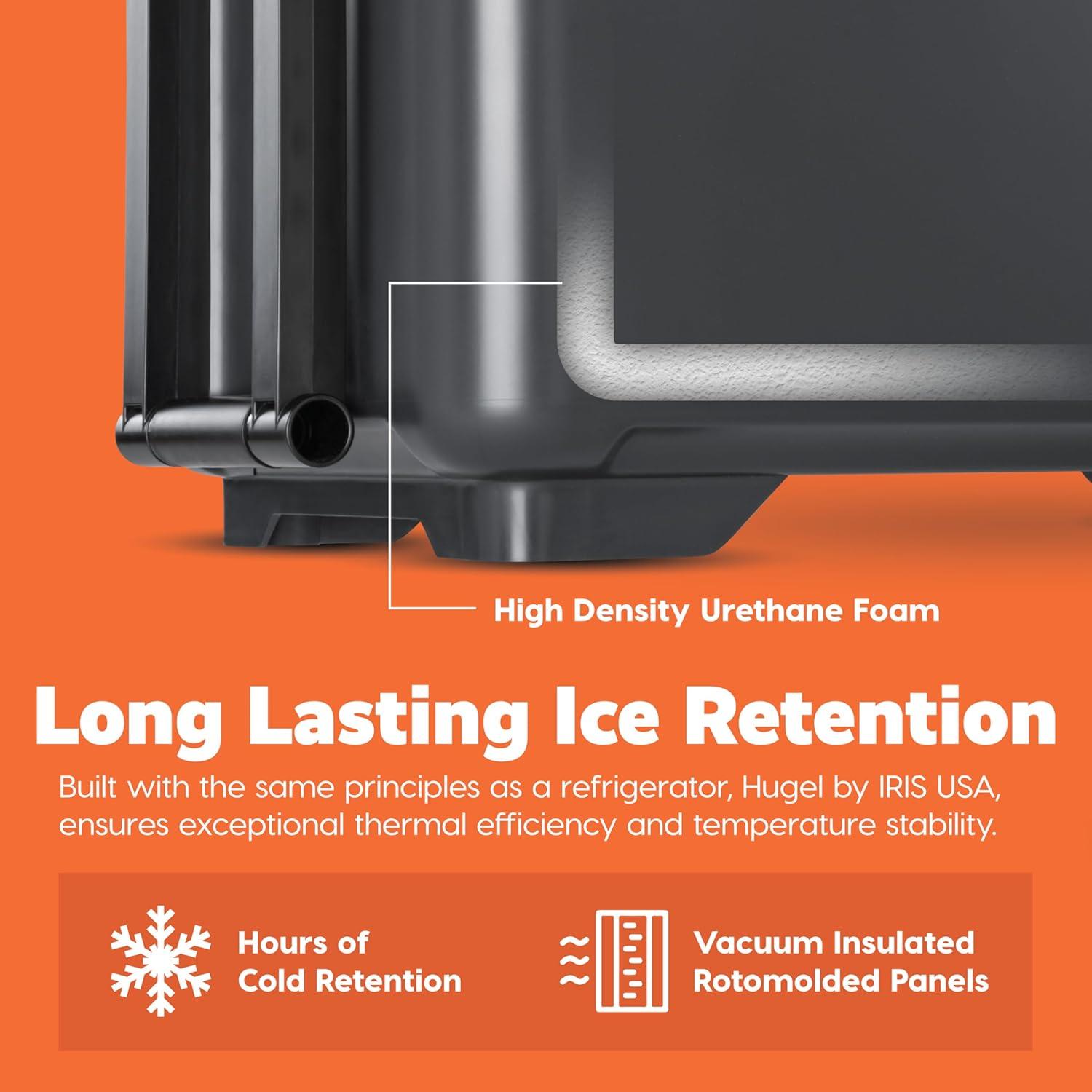 IRIS USA HUGEL 64 QT Cooler Box Insulated, Hard Cooler, Vacuum-Insulated Panels Durable Portable Ice Chest with Built-in Handle and Wheels, Black