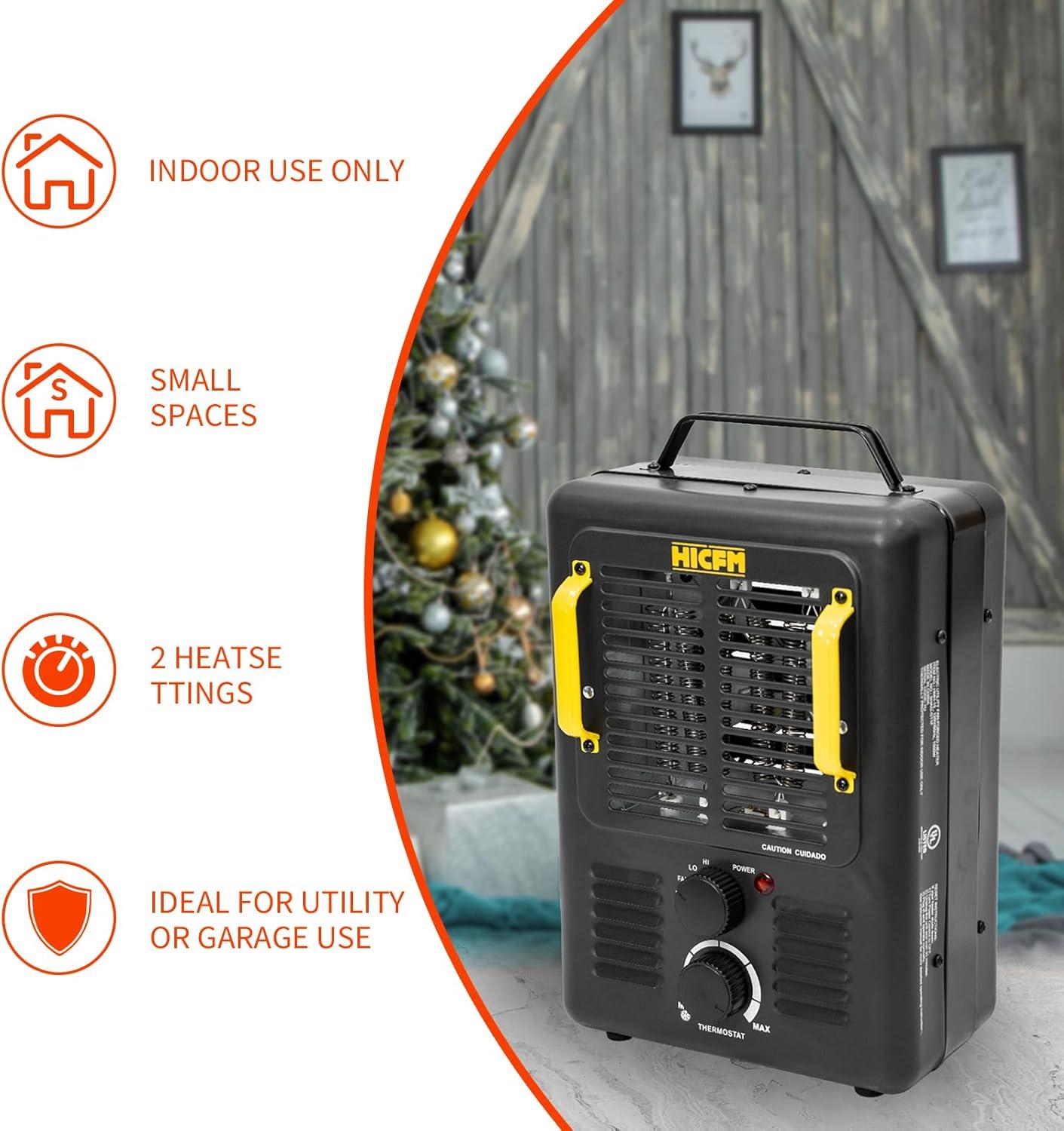 HiCFM Milkhouse Space Heater, 1300W/1500W Electric Heater with Thermostat, Safe and Quiet for Home Office Garage Workshop - UL Safety Listed