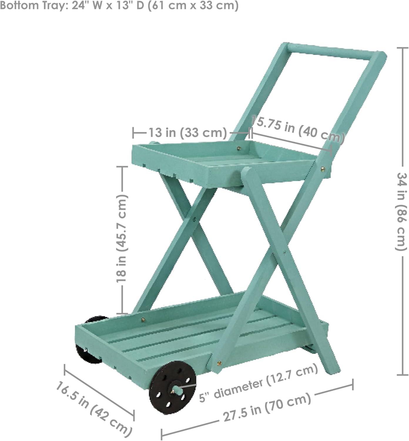 Robin Egg Blue 2-Tier Fir Wood Wheeled Planter Stand