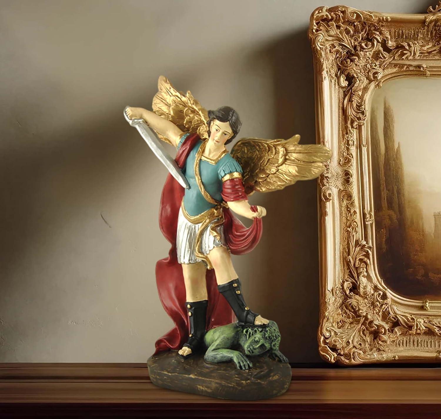 San Miguel Archangel Statue - Saint Michael Statue Miguel Archangel Statue Defeated Lucifer Tramples Demon Statue, Religious Collectible Angel Sculpture, 5.31 Inch