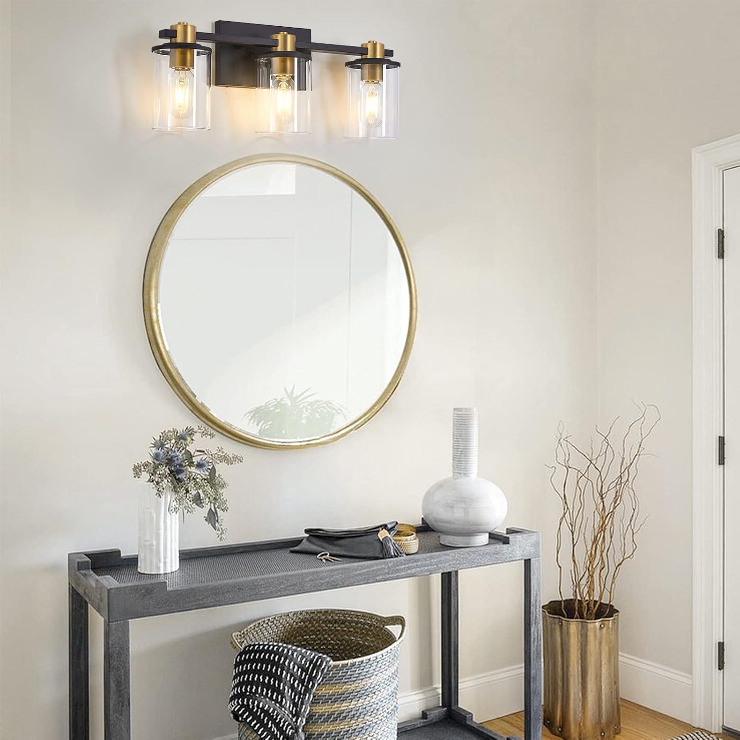 Black and Gold 3-Light Vanity with Clear Glass Shades