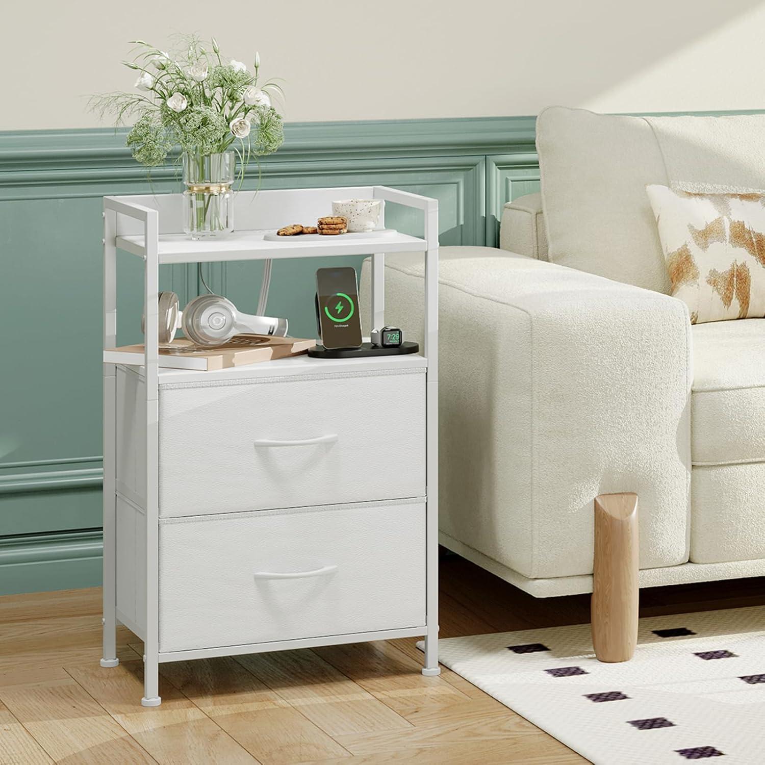 Eunos White Tall Nightstand with Charging Station, 5 Fabric Drawer Dresser for Bedroom with LED and Handle