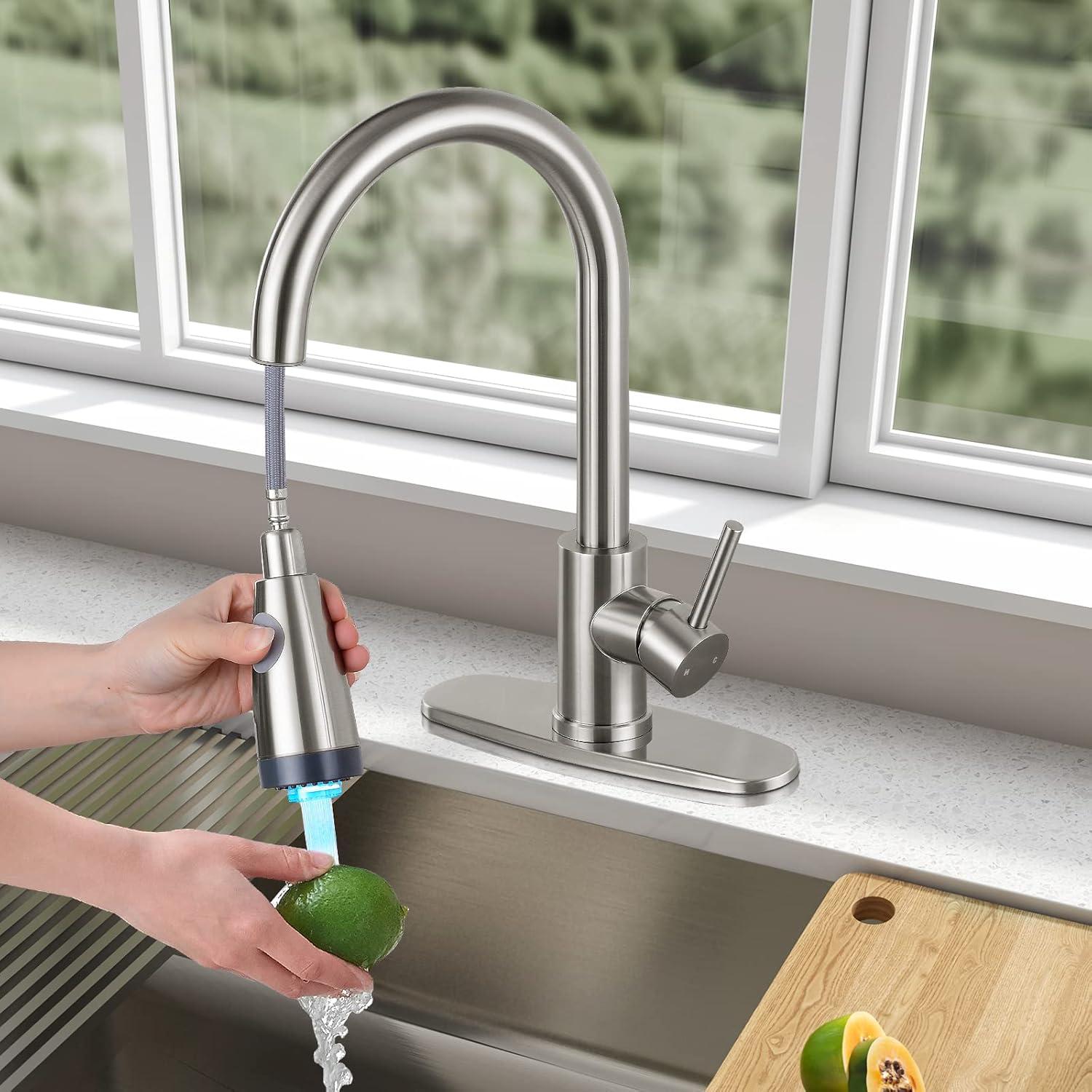 Brushed Nickel High-Arc Kitchen Faucet with LED Pull-Out Spray