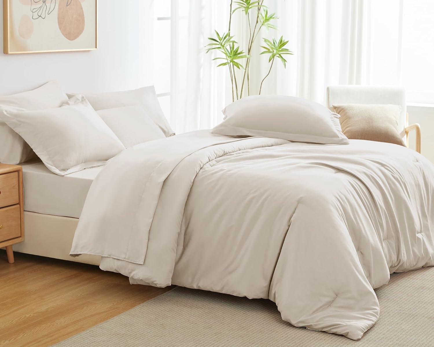 CozyLux Queen Comforter Set Beige, 7 Pieces Bed in a Bag Soft Bedding Comforter Set with Sheets, All Season Boho 7PC Bed Sets with Comforter, Fitted Sheets, Flat Sheets, Pillow Shams and Pillowcases