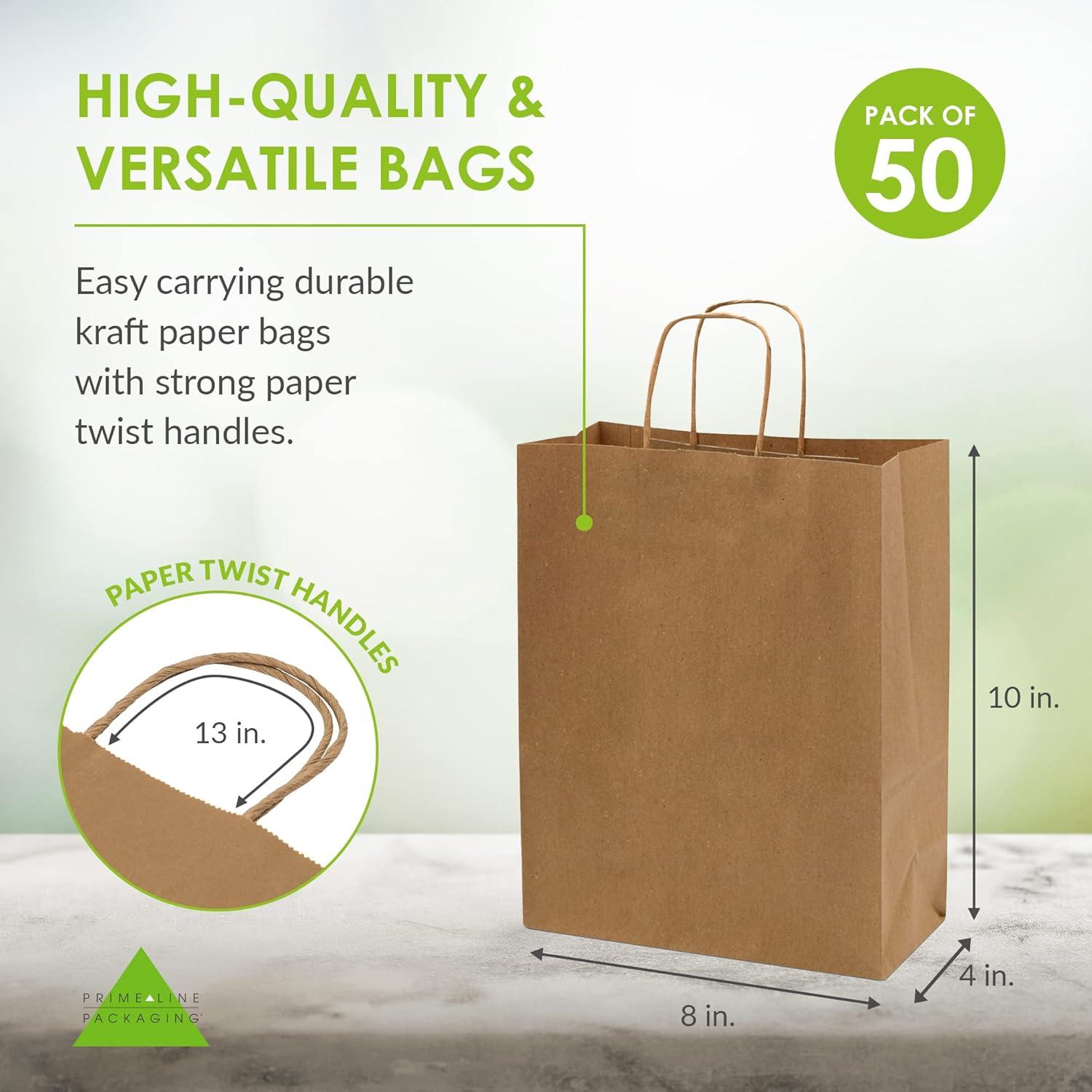 Eco-Friendly Brown Kraft Paper Shopping Bags with Handles, 8x4x10 inches, 50 Pack