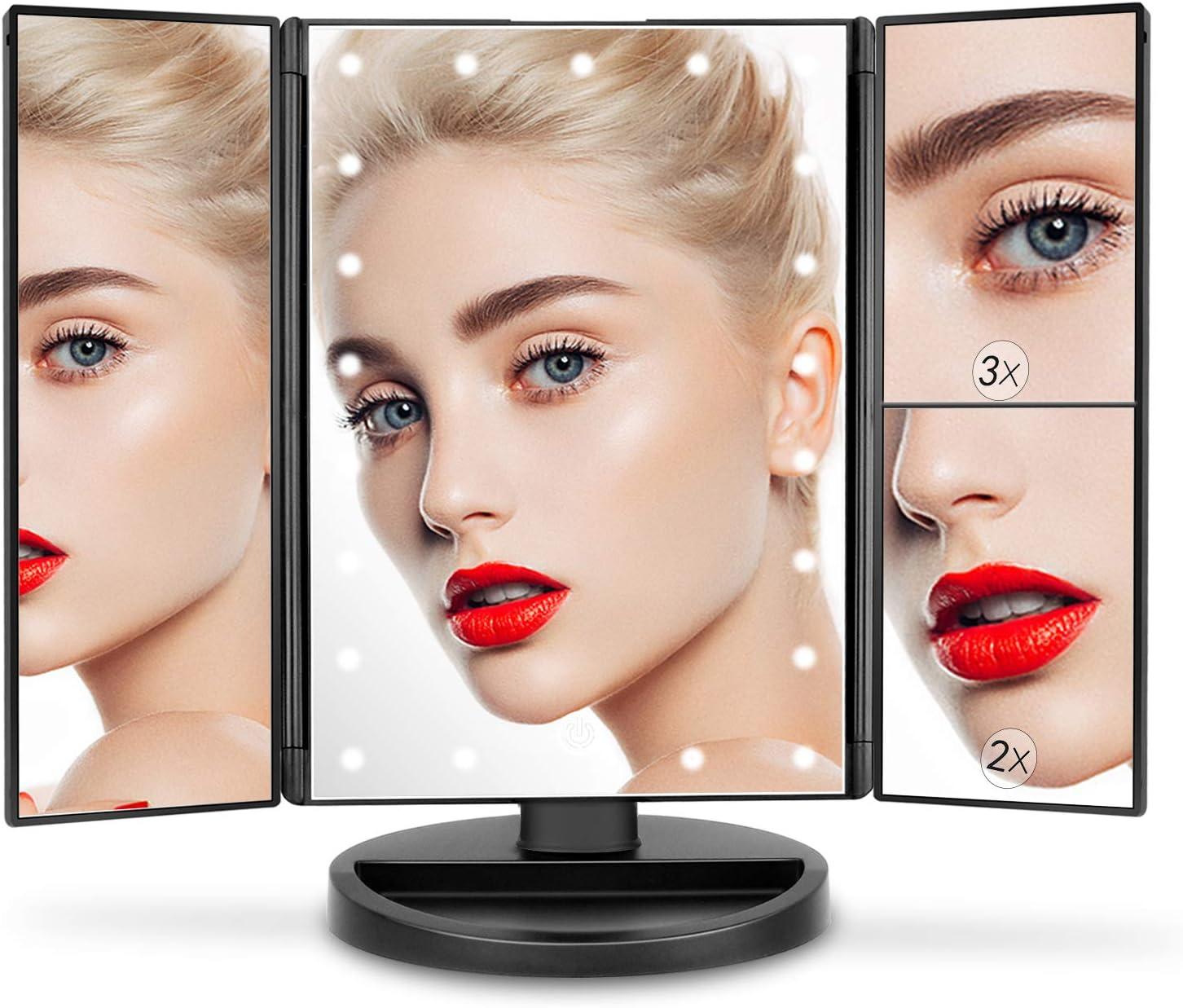 Black ABS Trifold Lighted Vanity Mirror with Magnification