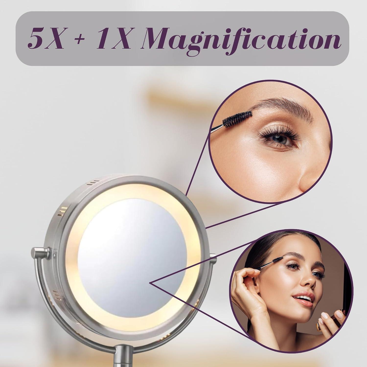 Jerdon 8-inch Two-Sided Lighted Makeup Mirror, 5X-1X Magnification - Plug in - Nickel Finish - Model HL65N