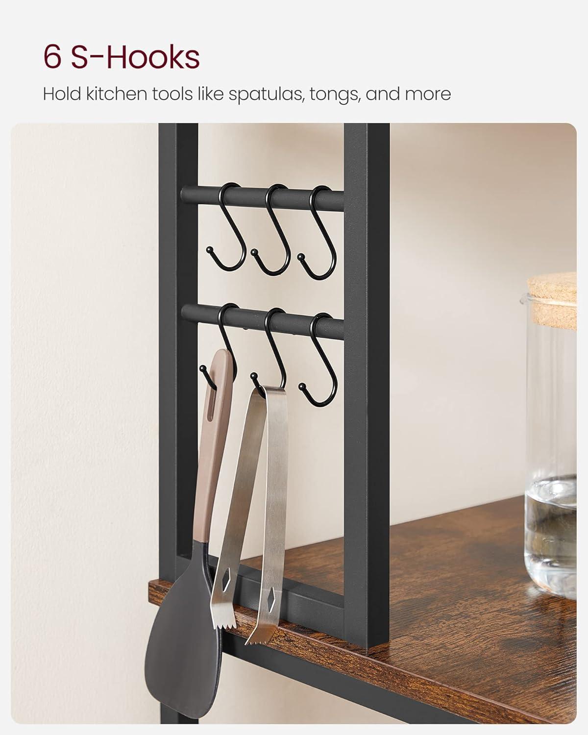 VASAGLE Baker's Rack Microwave Oven Stand Kitchen Tall Utility Storage Shelf 6 Hooks and Metal Frame Industrial 15.7 x 31.5 x 65.7 Inches Rustic Brown and Black