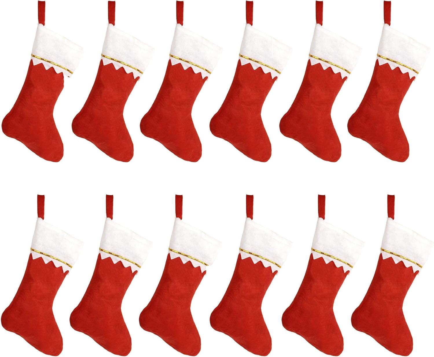 12 Pack Red and White Felt Christmas Stockings with Gold Trim