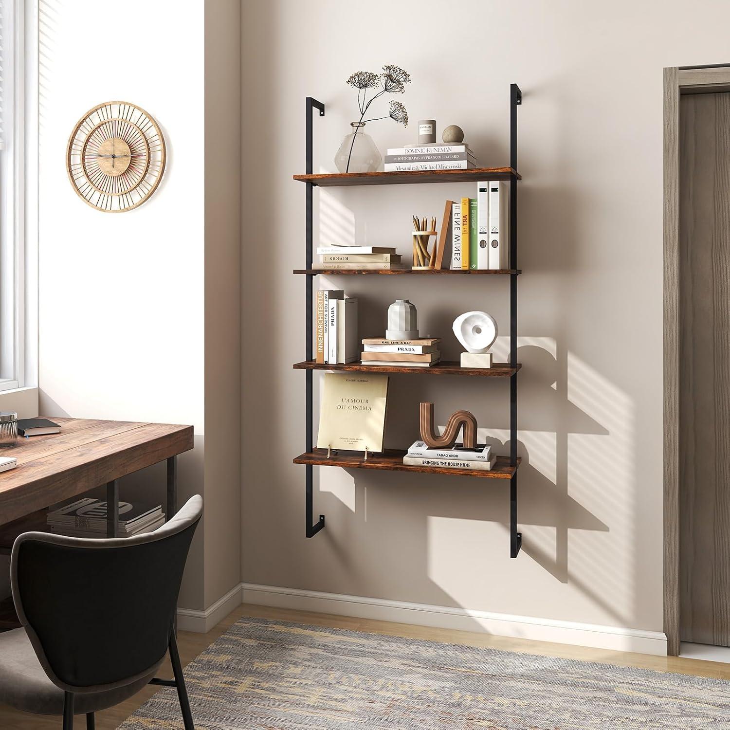 Rustic Brown 4-Tier MDF and Metal Ladder Bookshelf