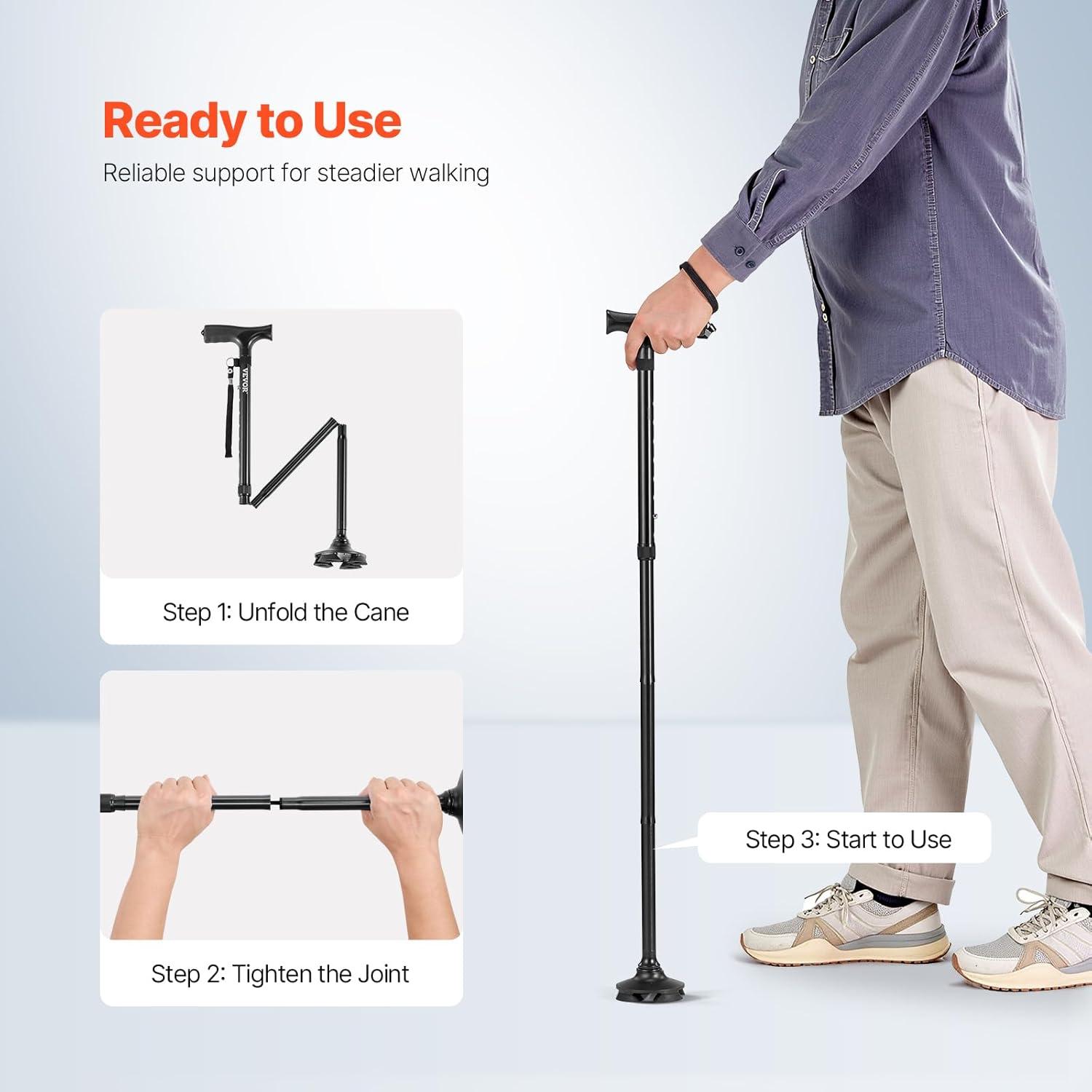VEVOR Walking Cane for Man Woman, Folding Walking Stick with 8-Level Adjustable Height, 4-Pronged Pivoting Base, Lightweight & Portable Aluminum Mobility Aid for Seniors Adults, 250LBS Loading(Black)