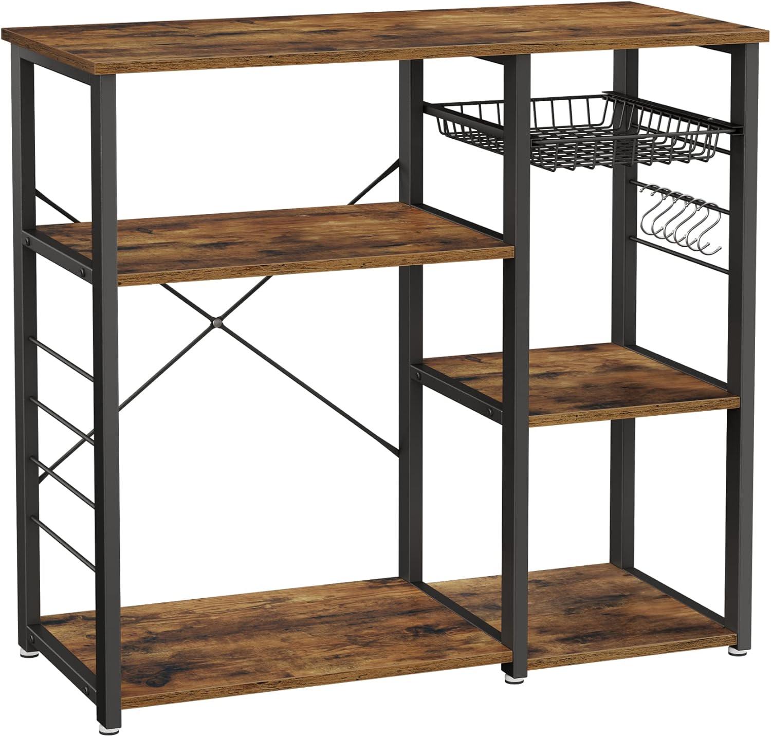 Rustic Brown Steel Frame Kitchen Baker's Rack with Hooks