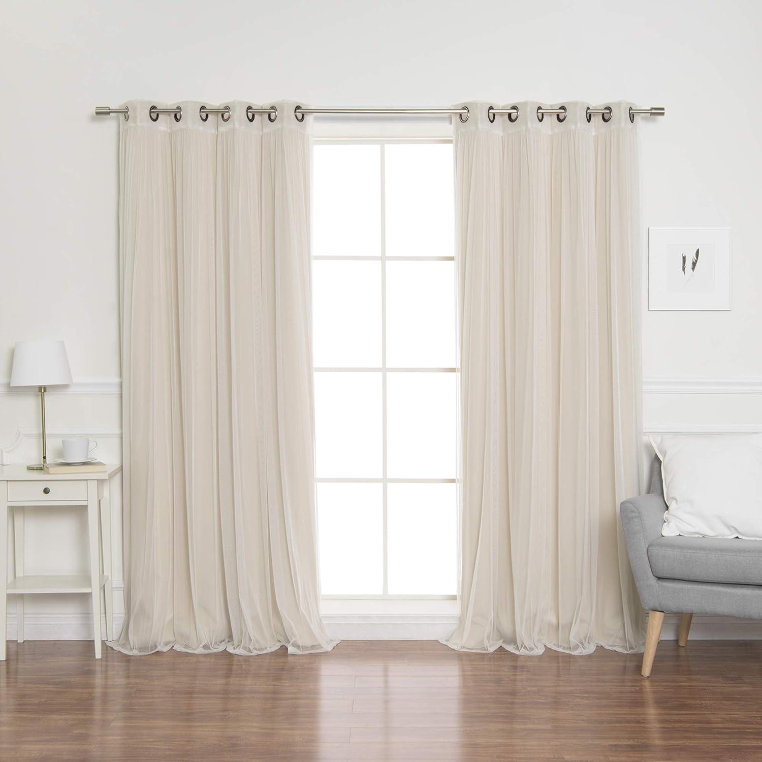 Best Home Fashion Mix & Match Tulle Sheer Lace & Blackout Curtain Set, Antique Bronze Grommet Top, Beige, 52"W X 96"L, (2 Curtains and 2 Sheer curtains)