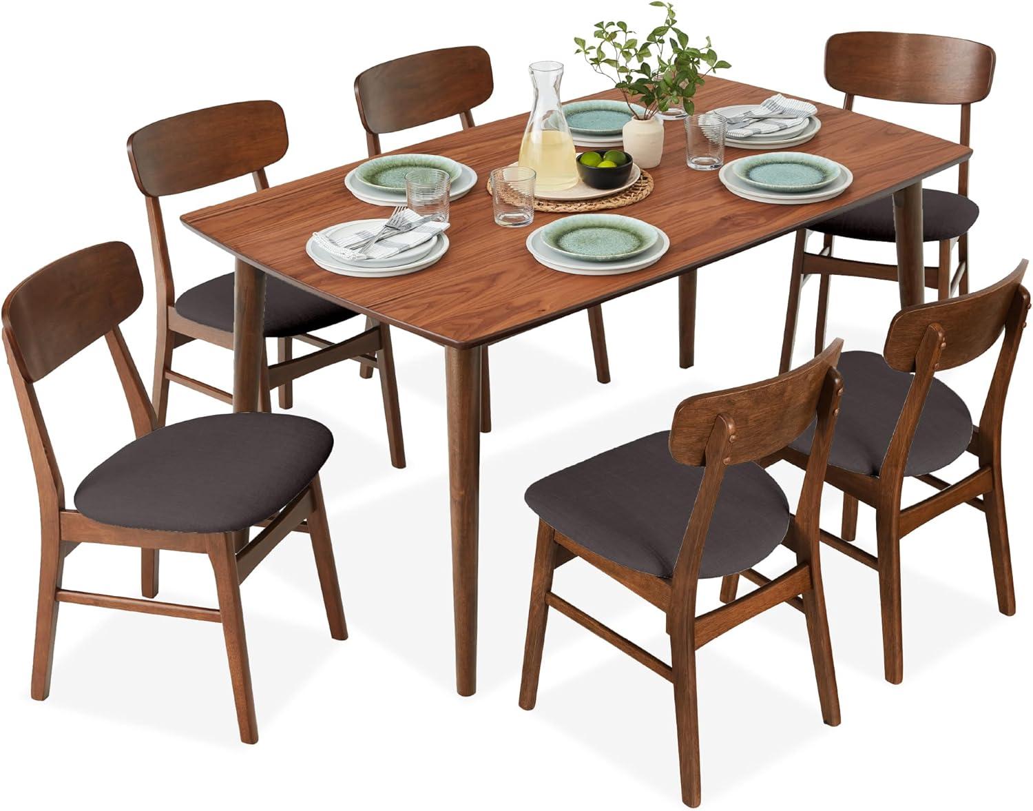 George Oliver 7-Piece Mid-Century Modern Upholstered Dining Set, Wooden Table W/ 6 Chairs - Walnut/Gray