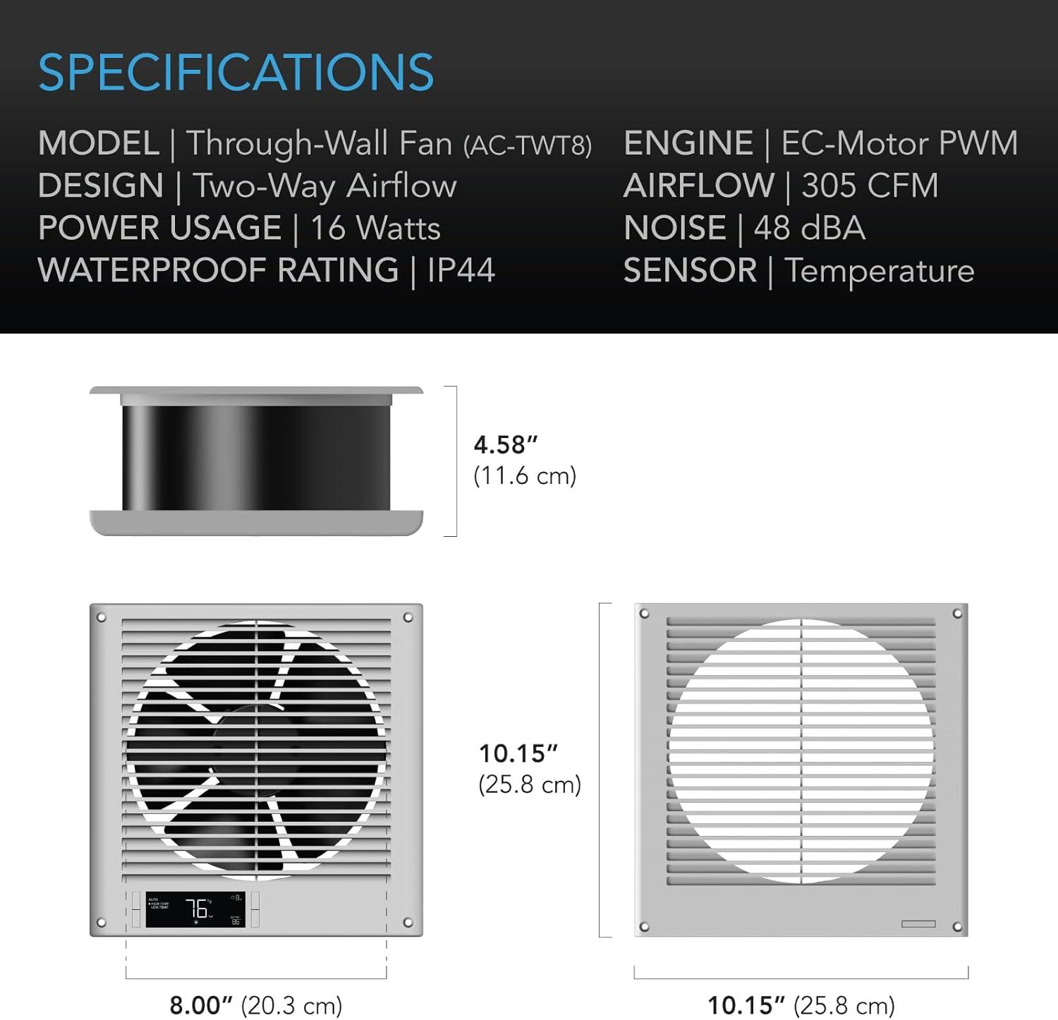 AC Infinity Room to Room Fan 8”, Two-Way Airflow Through-the-Wall Fan with Temperature Controller, Precise 10-Speed Quiet In-Wall Vent Fan for Kitchen, Laundry Room, and Workshops