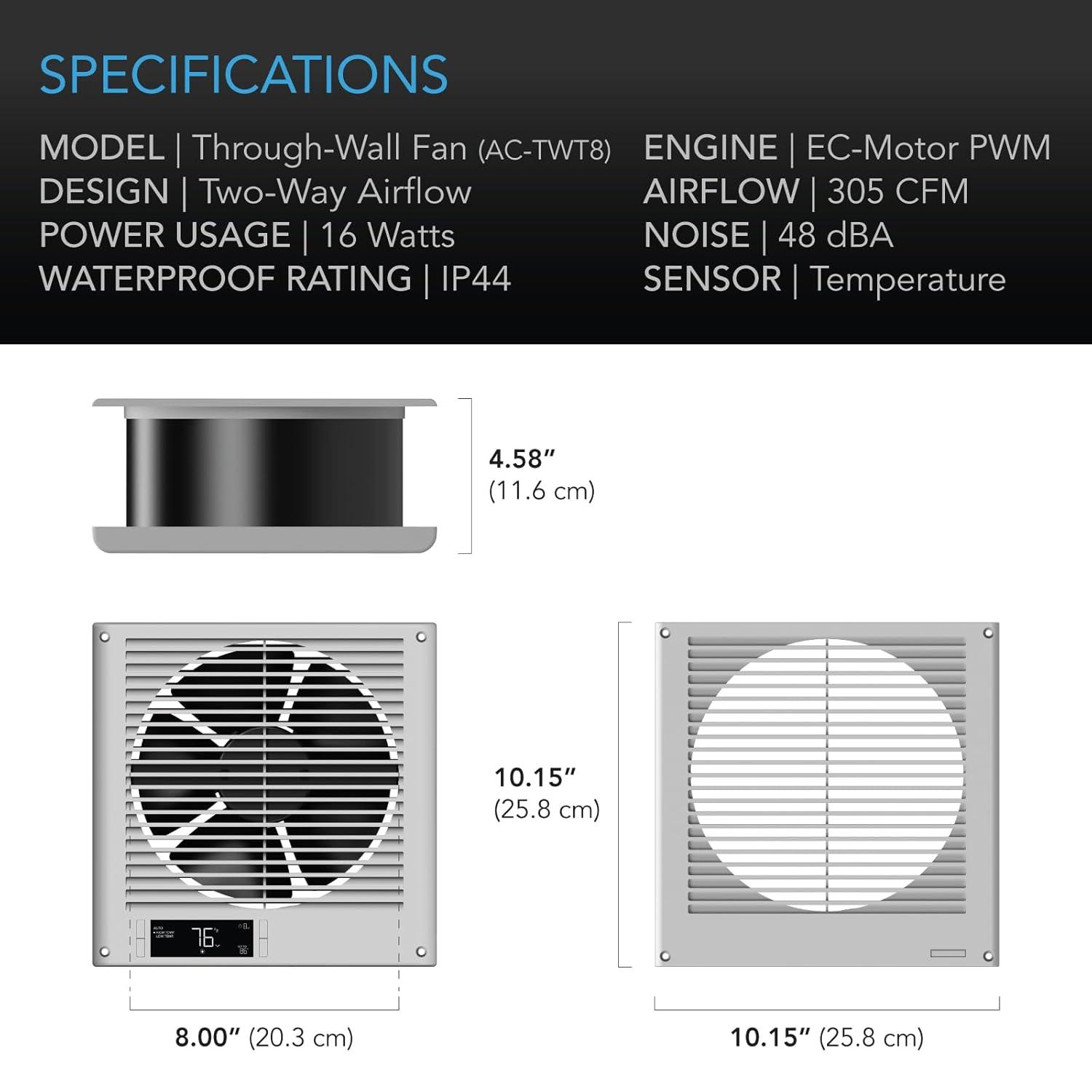 AC Infinity Room to Room Fan 8”, Two-Way Airflow Through-the-Wall Fan with Temperature Controller, Precise 10-Speed Quiet In-Wall Vent Fan for Kitchen, Laundry Room, and Workshops