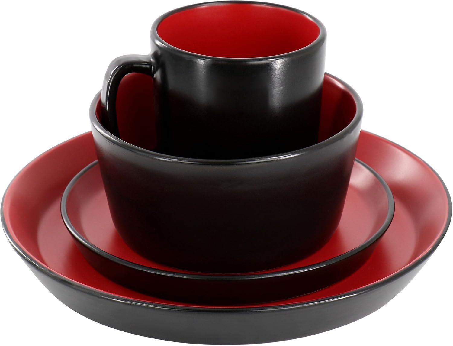 Elama Bacarra 16 Piece Stoneware Dinnerware Set in Two Tone Black and Red