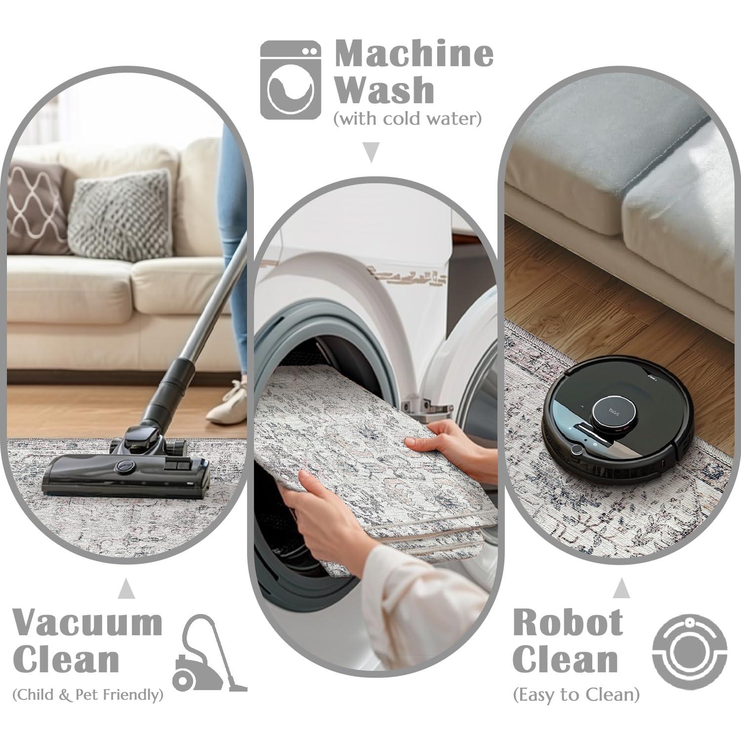 jinchan Area Rug 8x10 Washable Living Room Rug Vintage Indoor Large Floor Cover Retro Accent Mat Distressed Gray Floral Country Boho Non Slip Thin Carpet for Bedroom Kitchen Dining Room Office Grey