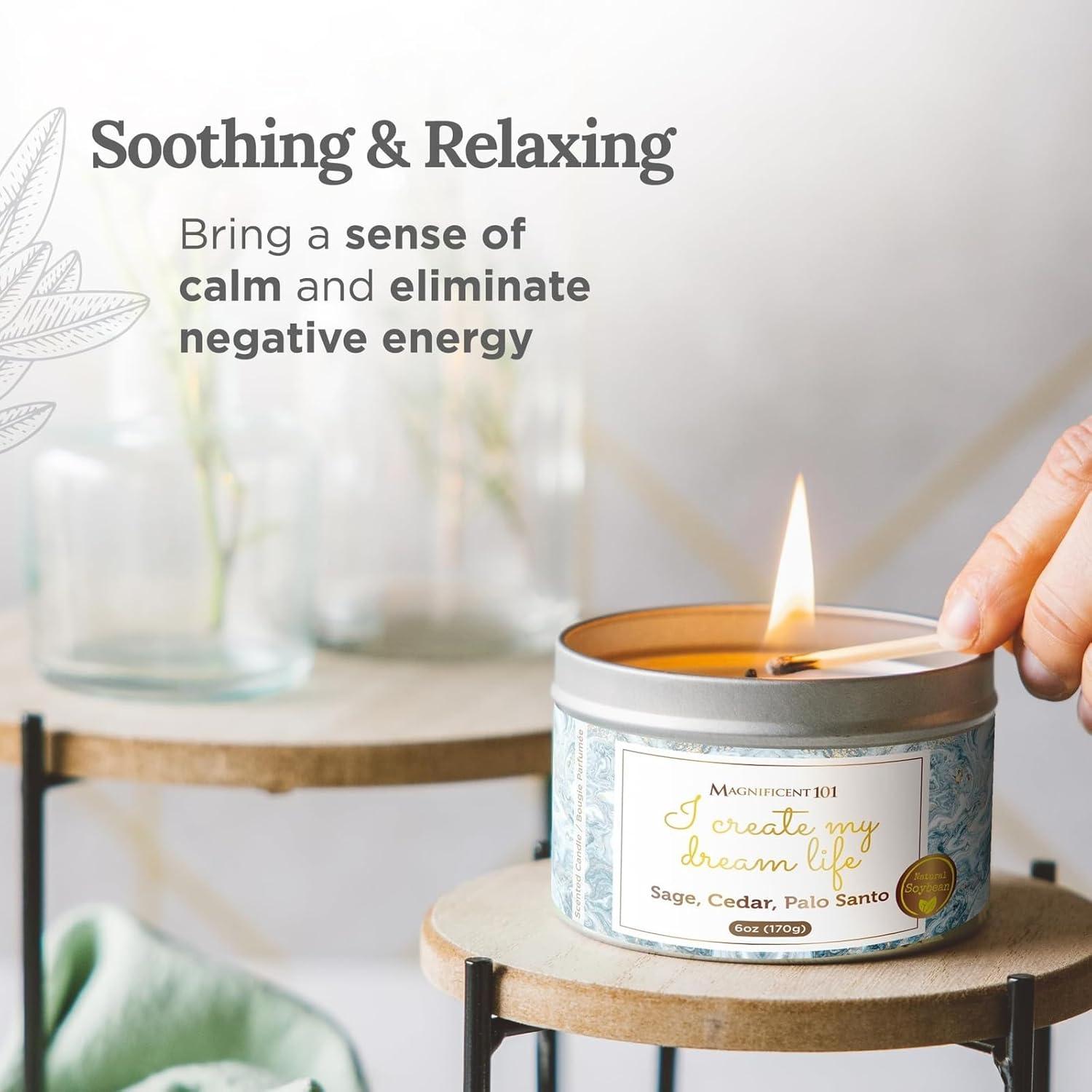 MAGNIFICENT 101 Affirmations Sage, Cedar, Palo Santo, Sprinkle of sage Leaves Smudge Candle for House Energy Cleansing, Banishes Negative Energy - Soy Wax Tin Candle (I Create My Dream Life)