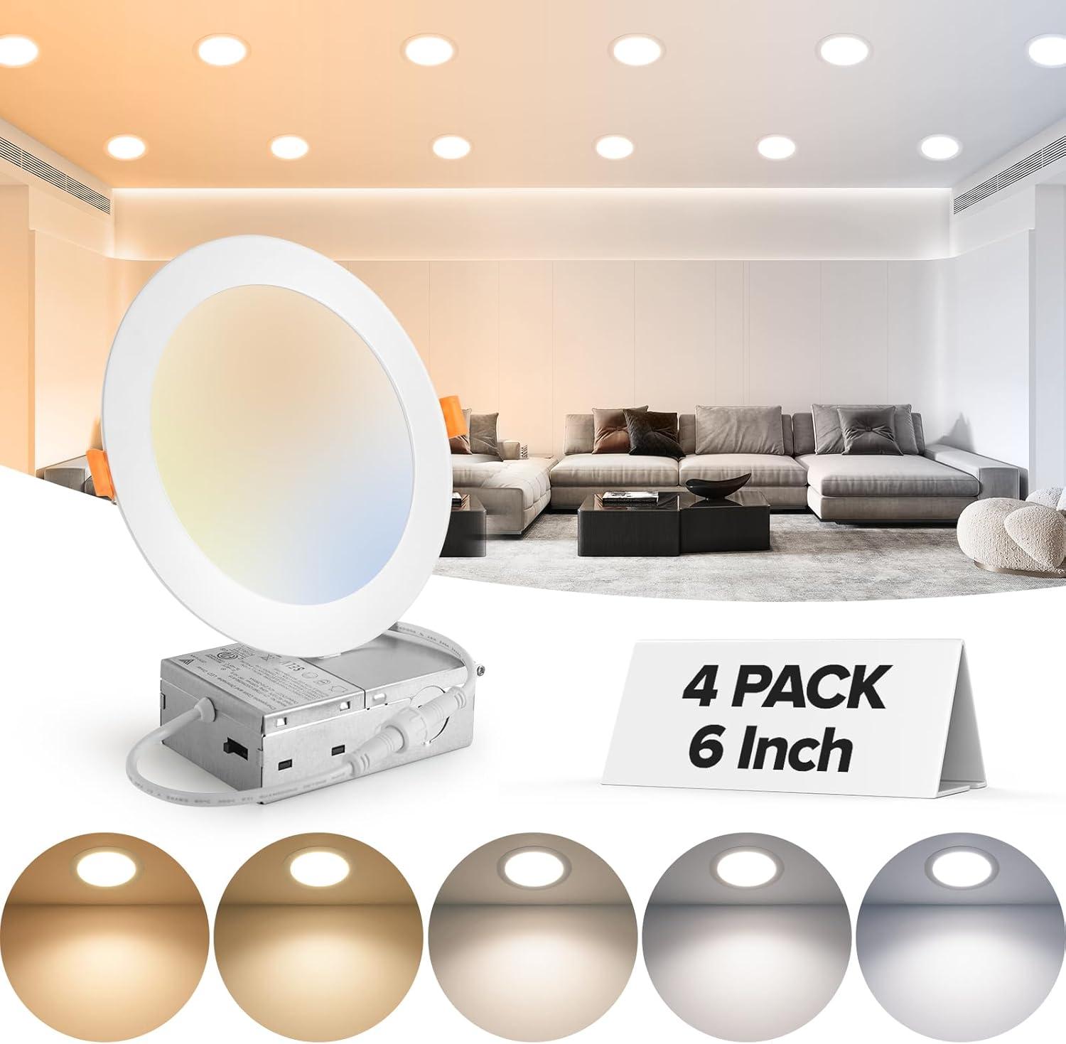 Beslowe 6 Packs 6 Inch 5CCT LED Recessed Ceiling Lights Ultra-Thin with Junction Box, 12W 150W Eqv, 3000K/3500K/4000K/5000K/6500K, 1200LM Dimmable Canless Downlights for Kitchen Hallway Dining Room