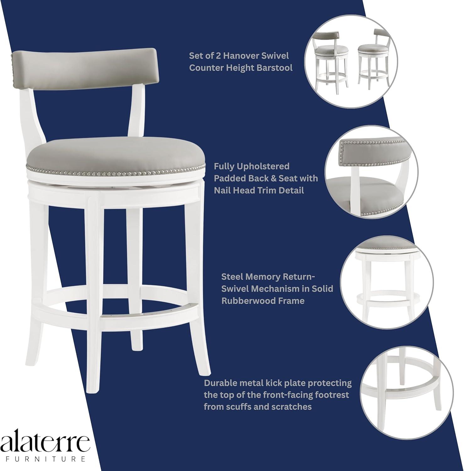 Alaterre Hanover Swivel Bar Height Stool, White and Gray, 30-Inch Seat Height, Solid Rubberwood Frame with Faux Leather Upholstery, Nailhead Trim, Memory Return Swivel, Ideal for Kitchen, Dining Area, Set of 2