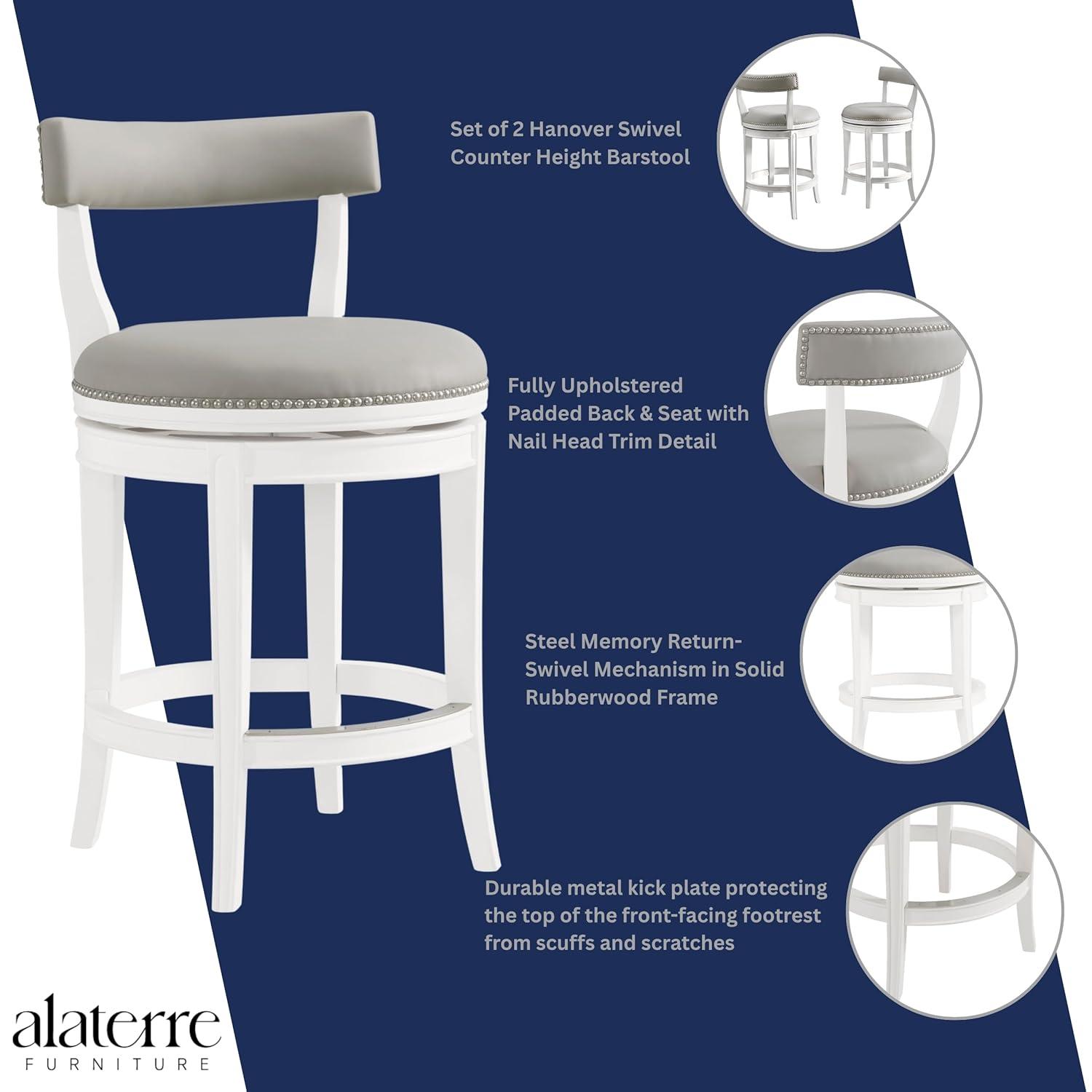 Alaterre Hanover Swivel Bar Height Stool, White and Gray, 30-Inch Seat Height, Solid Rubberwood Frame with Faux Leather Upholstery, Nailhead Trim, Memory Return Swivel, Ideal for Kitchen, Dining Area, Set of 2