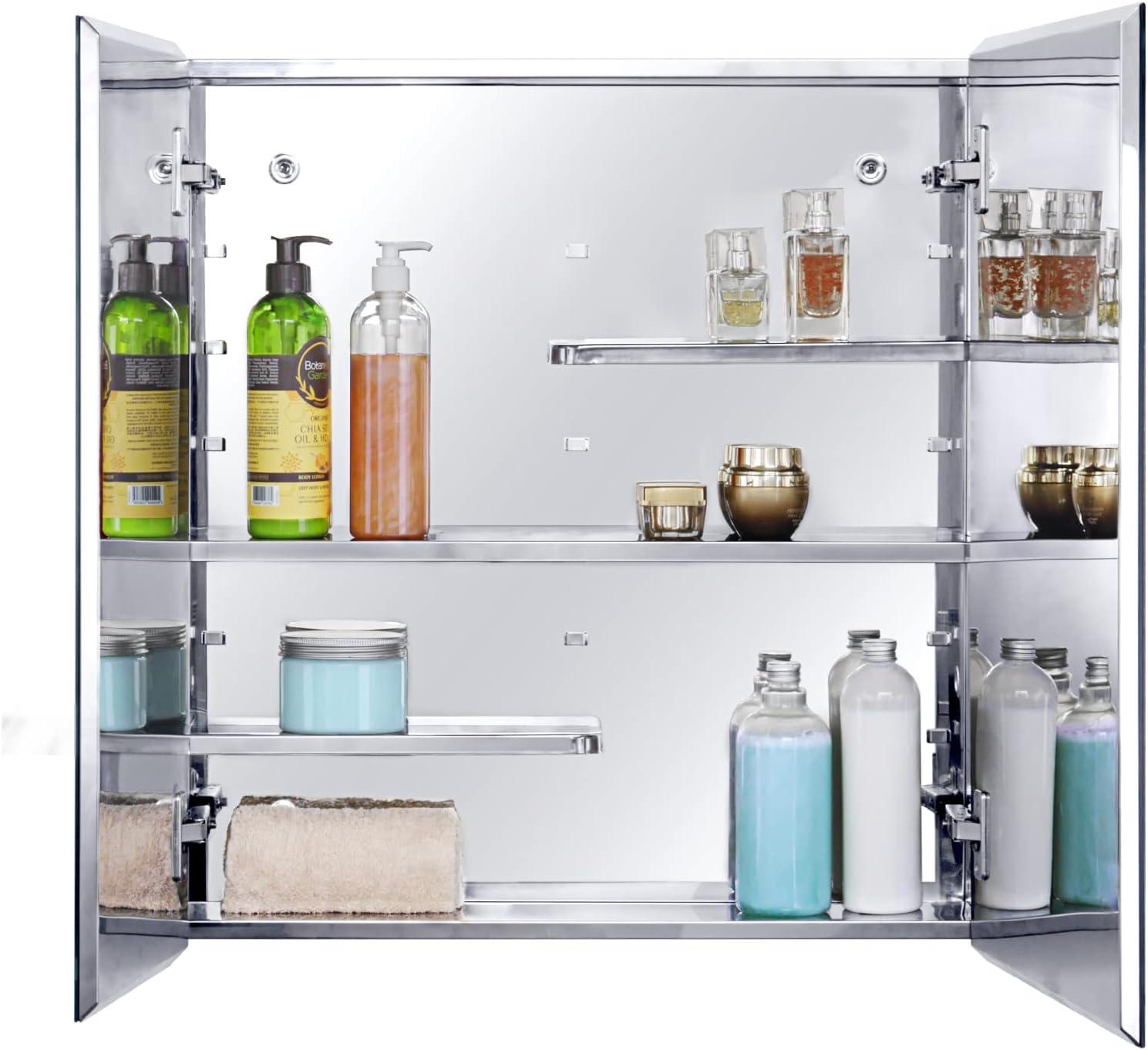 Stainless Steel Medicine Cabinet with Adjustable Shelves and Mirror Doors