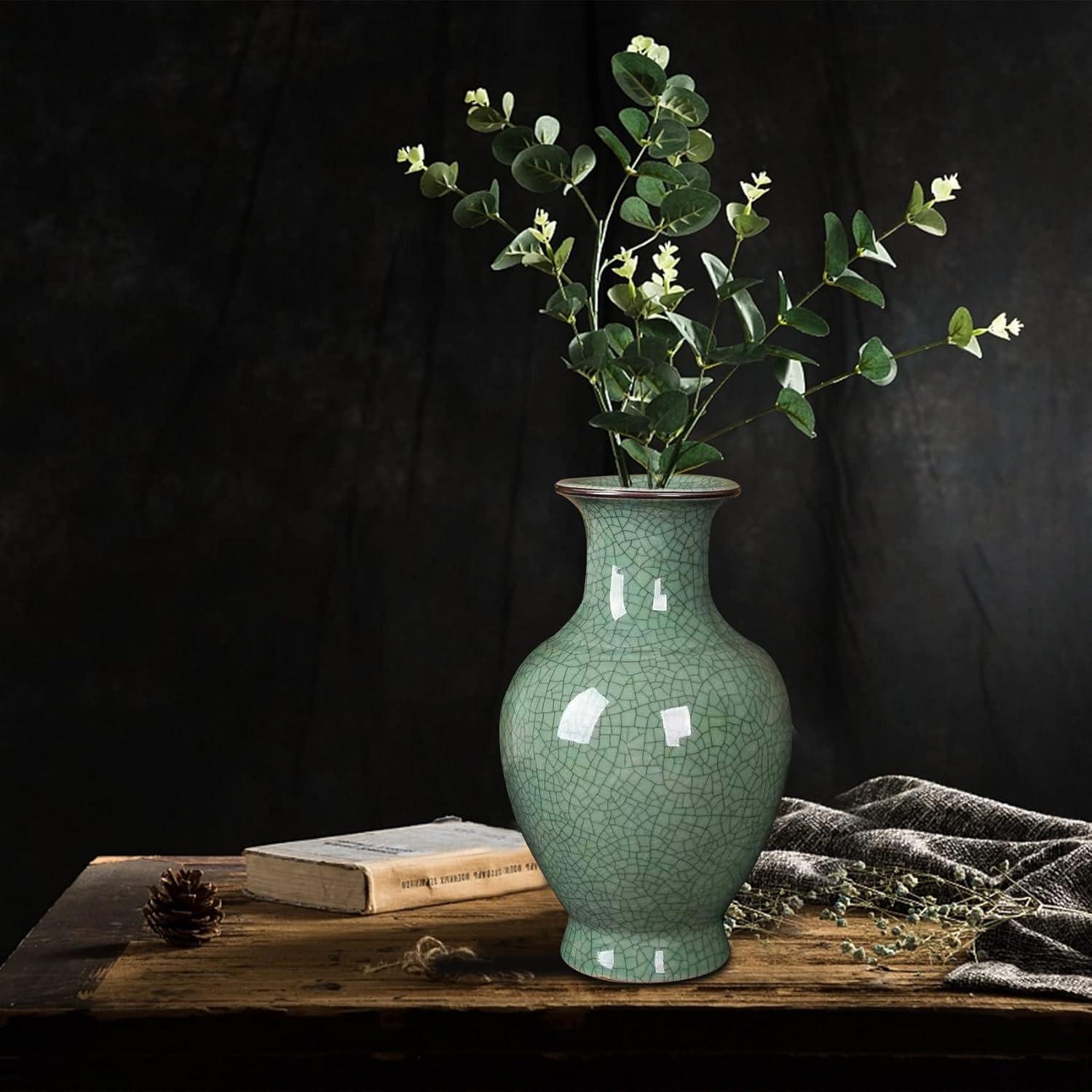 Green Ceramic Vase for Home Decor, Rustic Oriental Vases, Glazed Decorative Farmhouse Vase for Mantel, Table, Bookshelf, Living Room Decoration(Green)