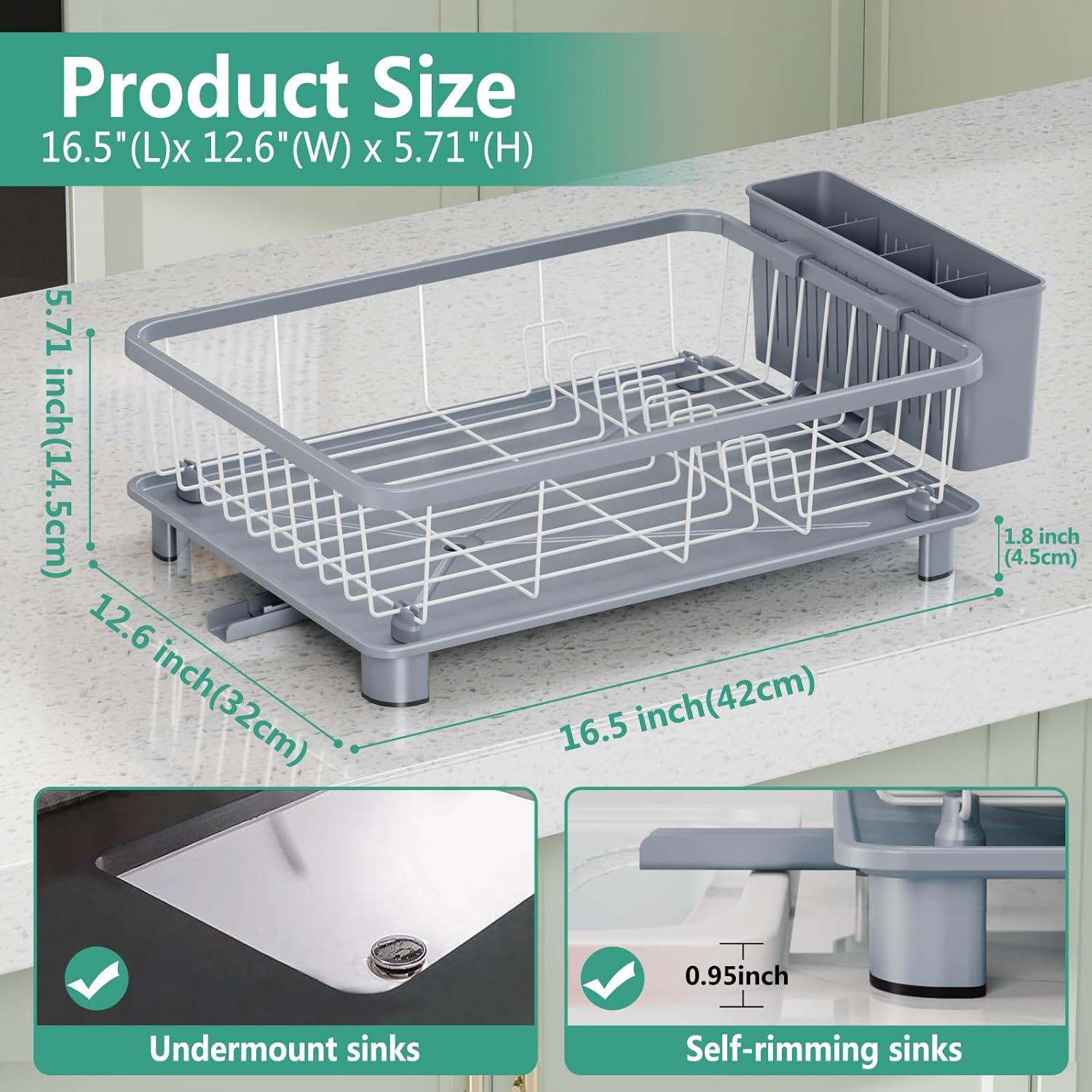 iSPECLE Dish Drying Rack with Drainboard - Compact Dish Racks for Kitchen Counter or in Sink, Small Dish Drainer with Utensil Holder and Drain Spout, Black