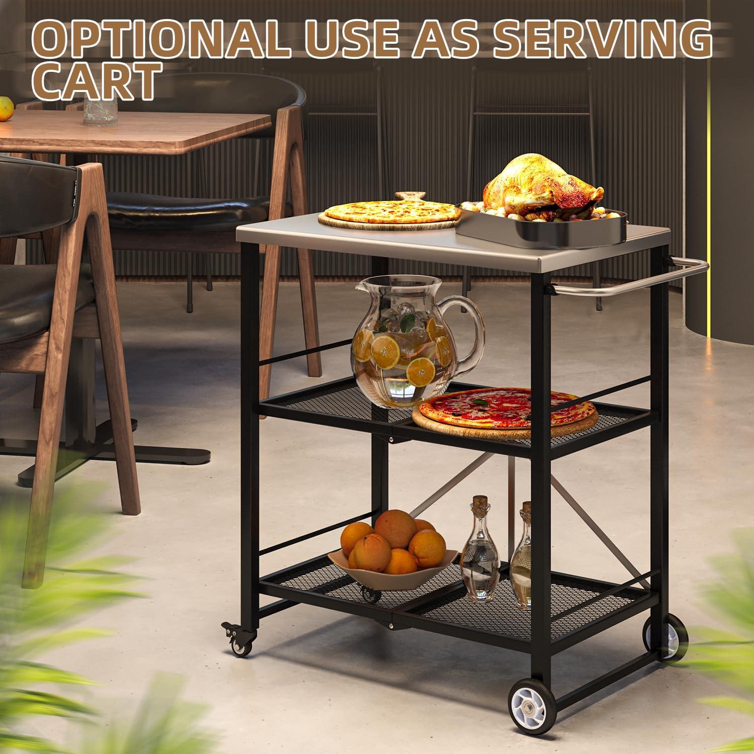 AECOJOY Outdoor Grill Table, Stainless Steel Pizza Oven Stand 3-Tier Folding BBQ Prep Table with Casters, Portable Kitchen Island for Apartment, Studio & Backyard Cooking, Gray