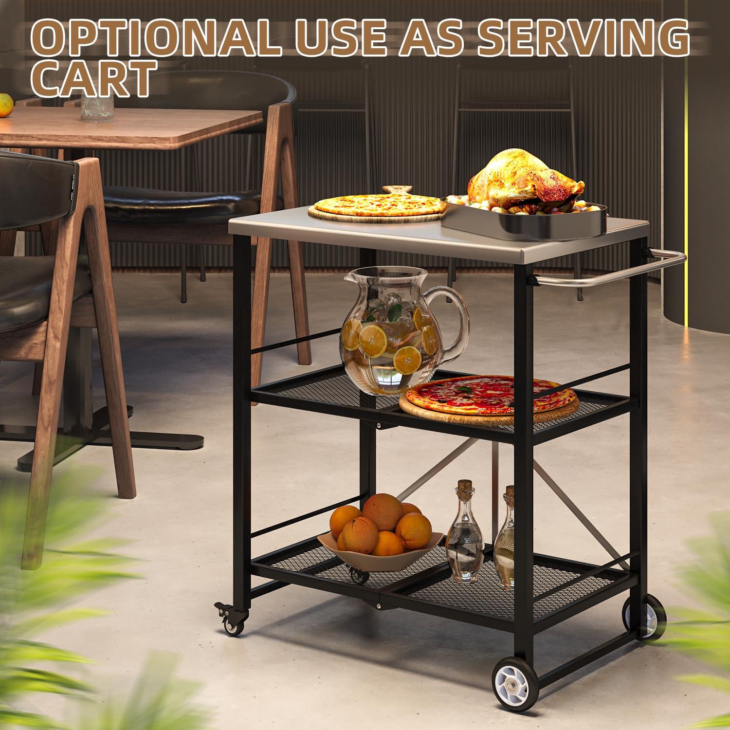 AECOJOY Outdoor Grill Table, Stainless Steel Pizza Oven Stand 3-Tier Folding BBQ Prep Table with Casters, Portable Kitchen Island for Apartment, Studio & Backyard Cooking, Gray
